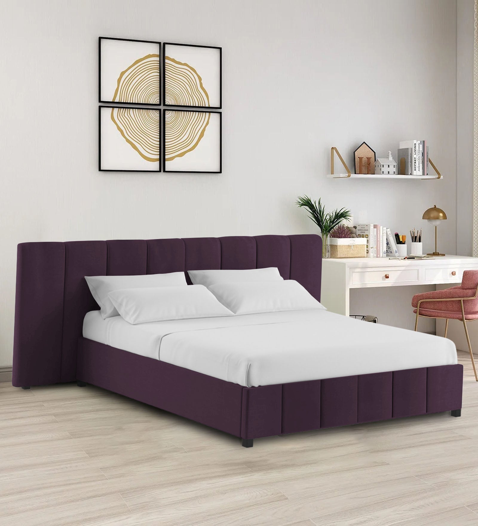 Nora Fabric Queen Size Bed In Greek Purple Colour With Box Storage - Febonic Living
