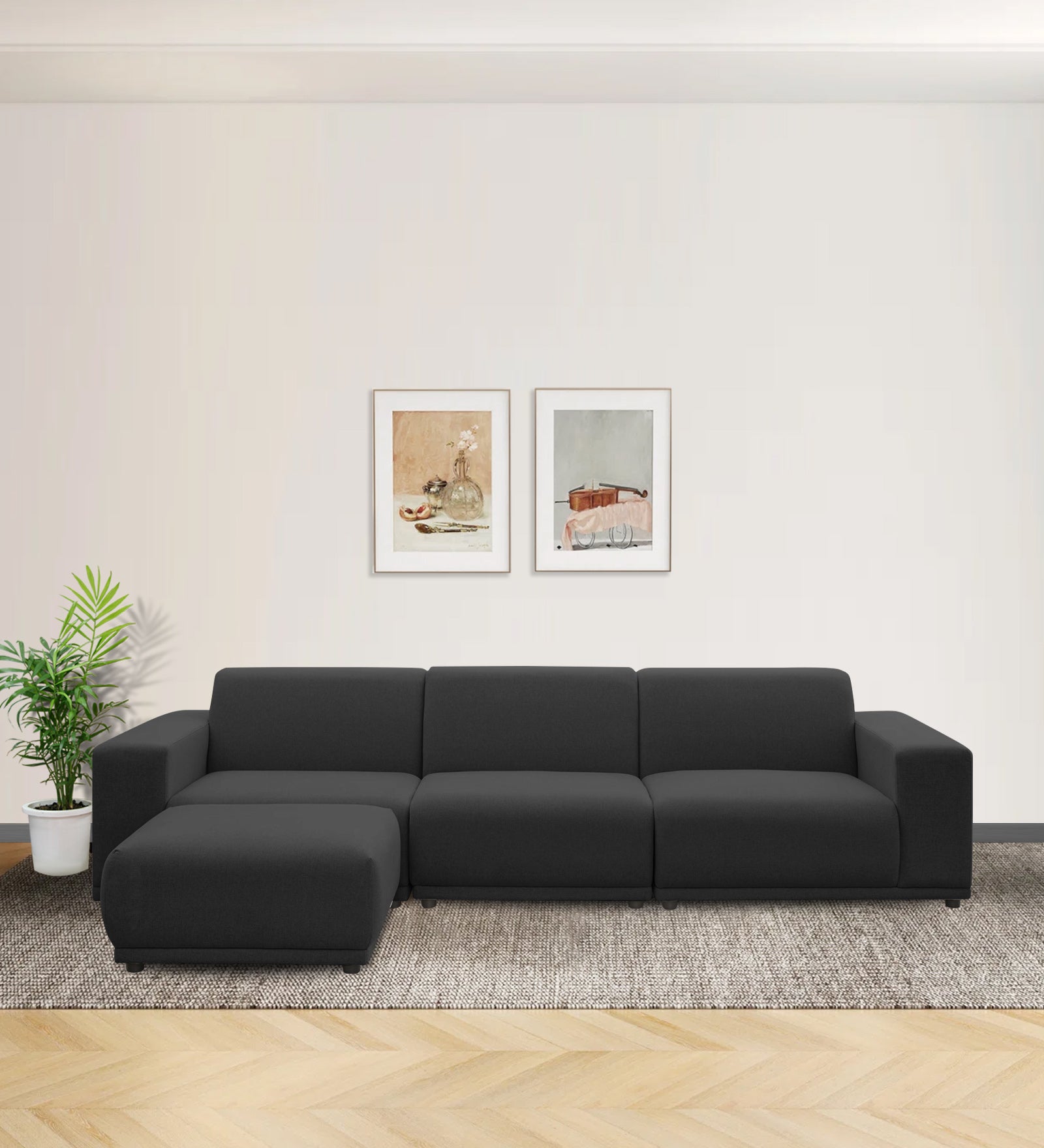 Adam Fabric LHS Sectional Sofa (3+Ottoman Lounger) In Charcoal Grey Colour - Febonic Living