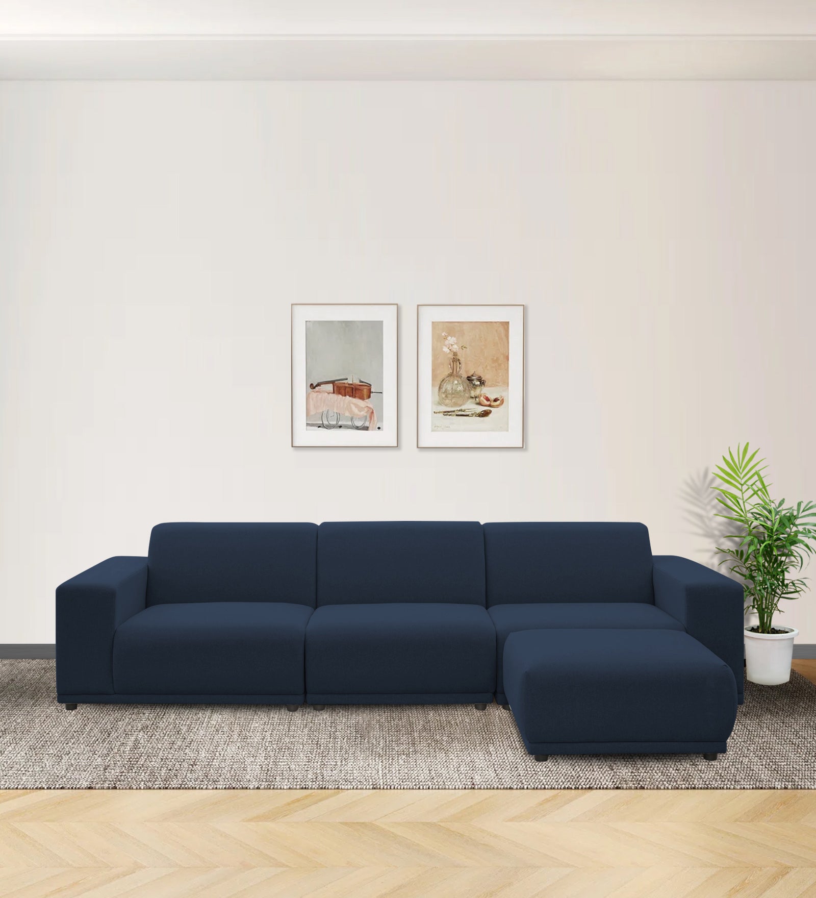 Adam Fabric RHS Sectional Sofa (3+Ottoman Lounger) In Denim Blue Colour - Febonic Living