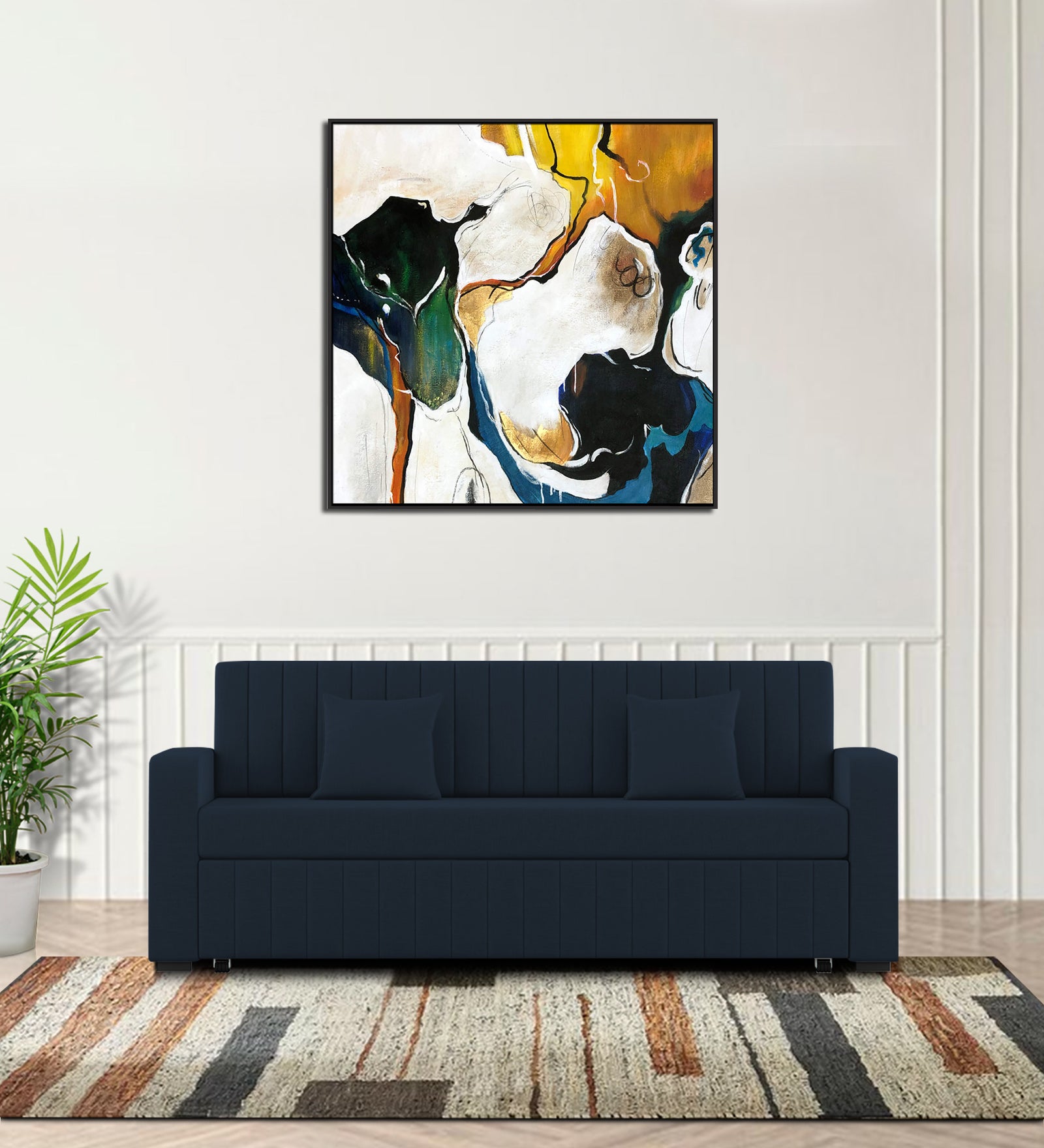 Calra Fabric 3 Seater Pull Out Sofa Cum Bed In Denim Blue Colour With Storage - Febonic Living