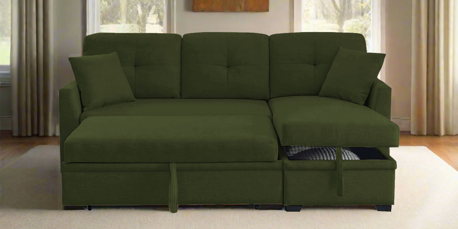 Jody Fabric 3 Seater Pull Out Sofa Cum Bed In Olive Green Colour With Storage - Febonic Living