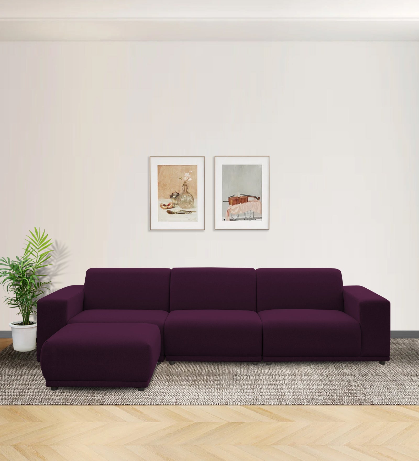 Adam Fabric LHS Sectional Sofa (3+Ottoman Lounger) In Greek Purple Colour - Febonic Living