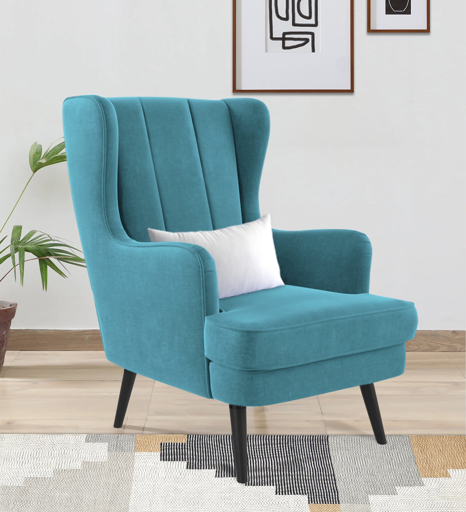 Niya Velvet Wing Chair In Aqua Blue Colour - Febonic Living