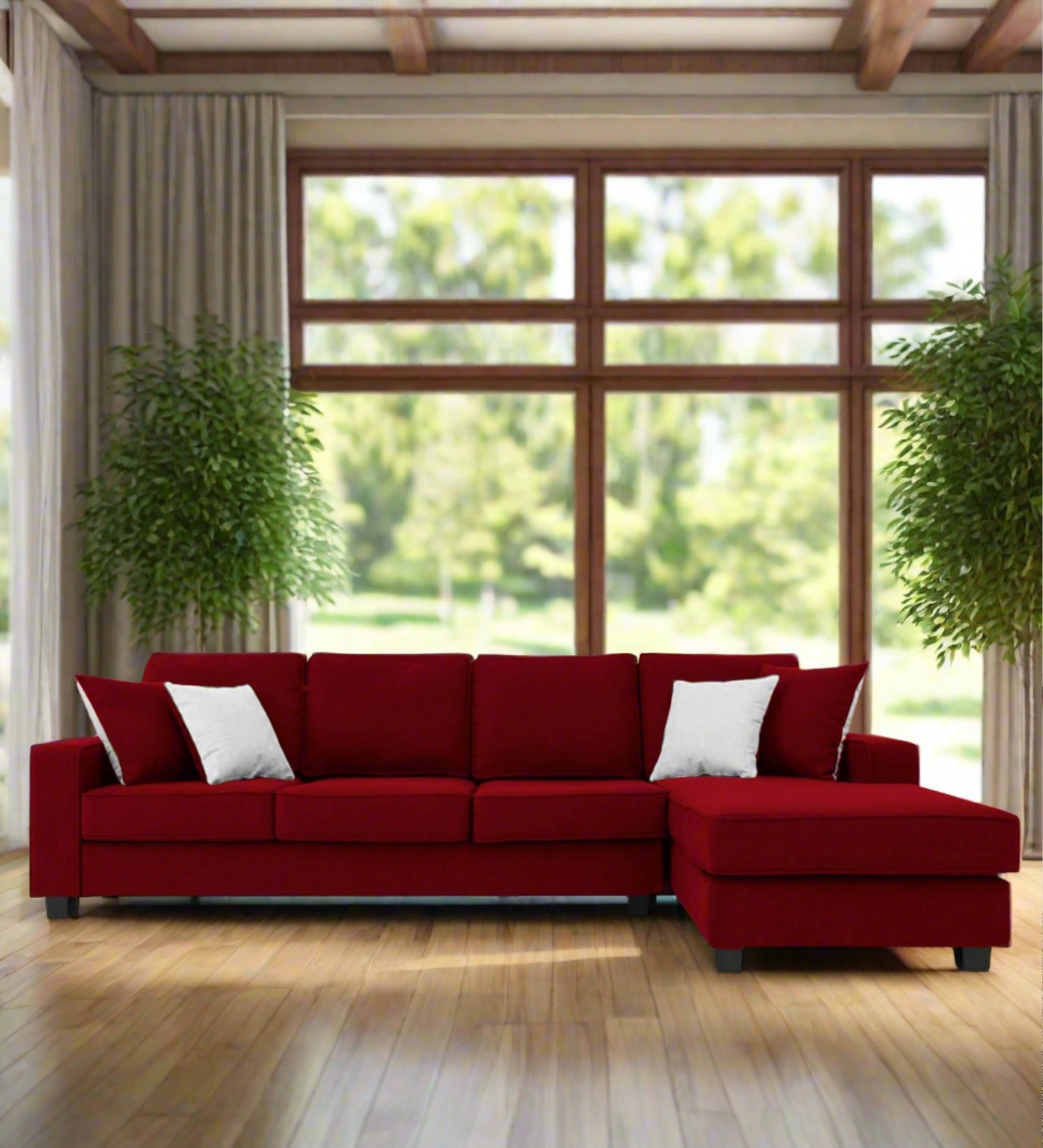 Ladybug Fabric LHS Sectional Sofa (3+Lounger) In Ruby Red Colour - Febonic Living