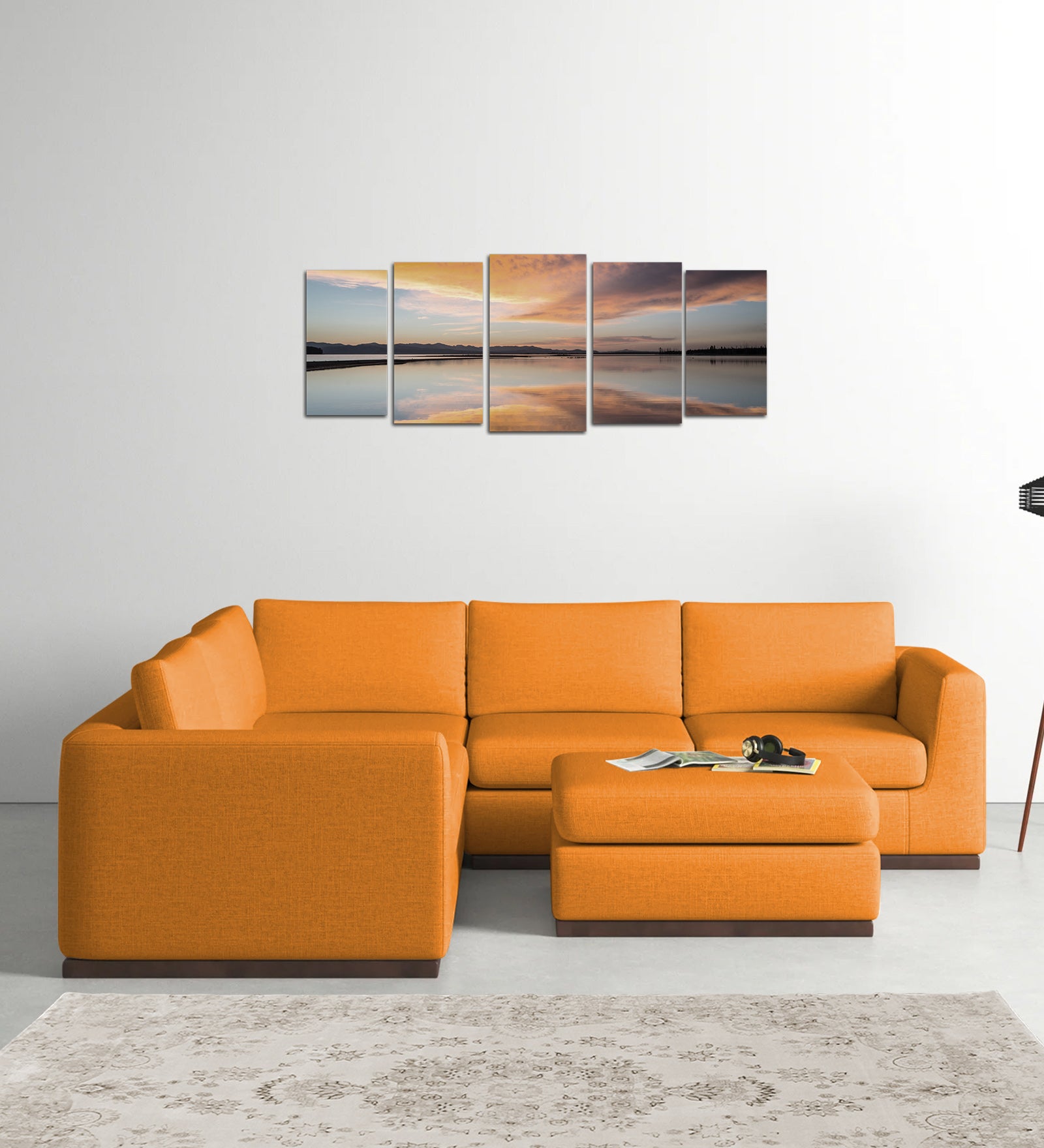 Freedom Velvet 6 Seater LHS Corner Sofa In Tangerine Orange Colour With Ottoman - Febonic Living