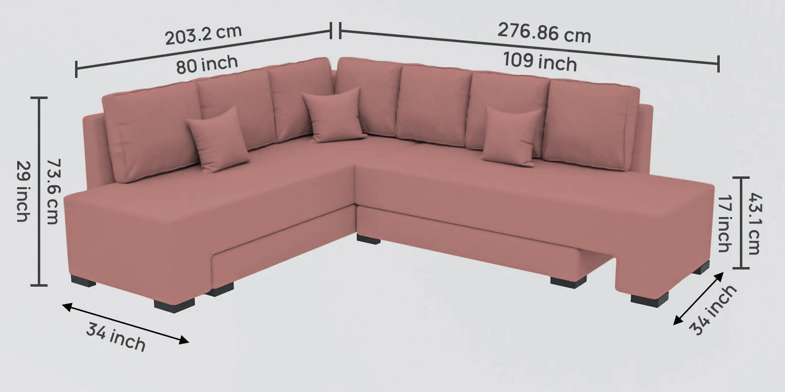 Corby Velvet RHS 6 Seater Convertible Sofa Cum Bed In Blush Pink Colour - Febonic Living