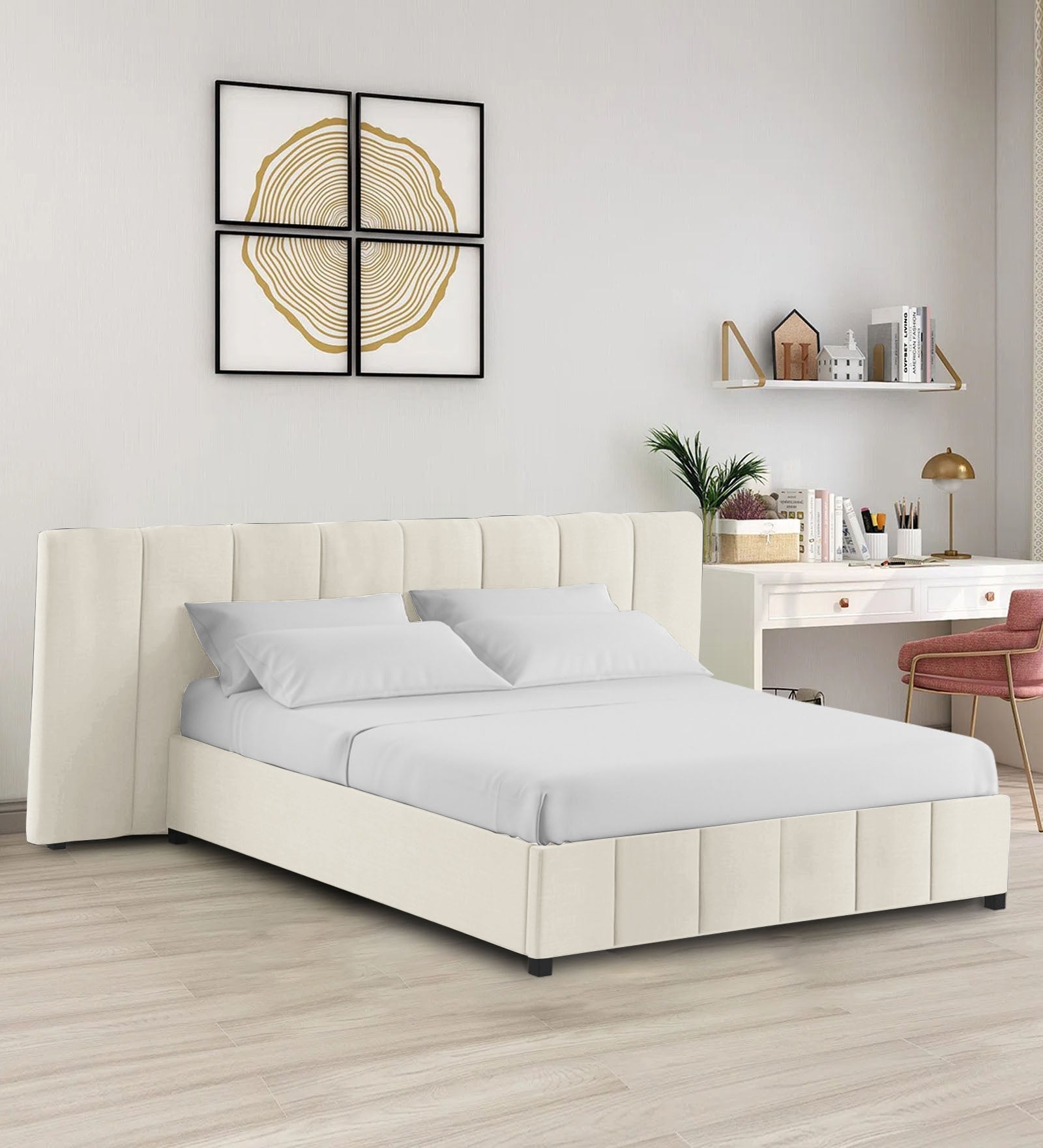 Nora Fabric Queen Size Bed In Ivory Cream Colour With Box Storage - Febonic Living