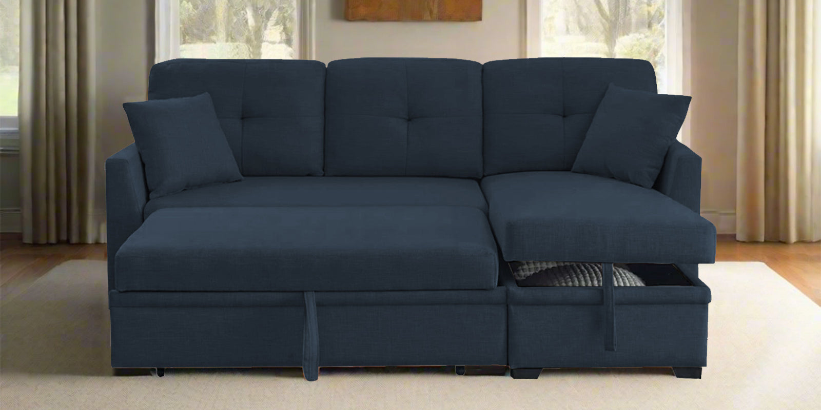 Jody Fabric 3 Seater Pull Out Sofa Cum Bed In Denim Blue Colour With Storage - Febonic Living