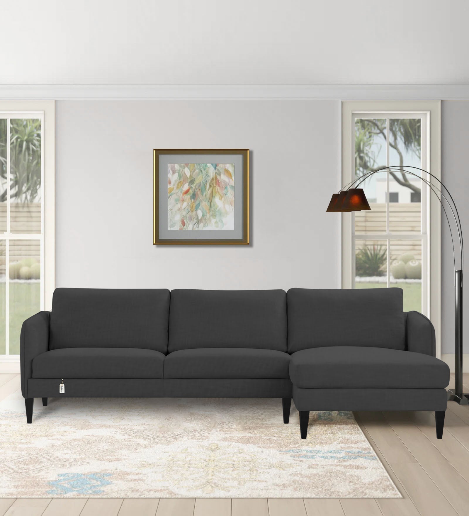 Piku Fabric LHS Sectional Sofa (3+Lounger) In Charcoal Grey Colour - Febonic Living