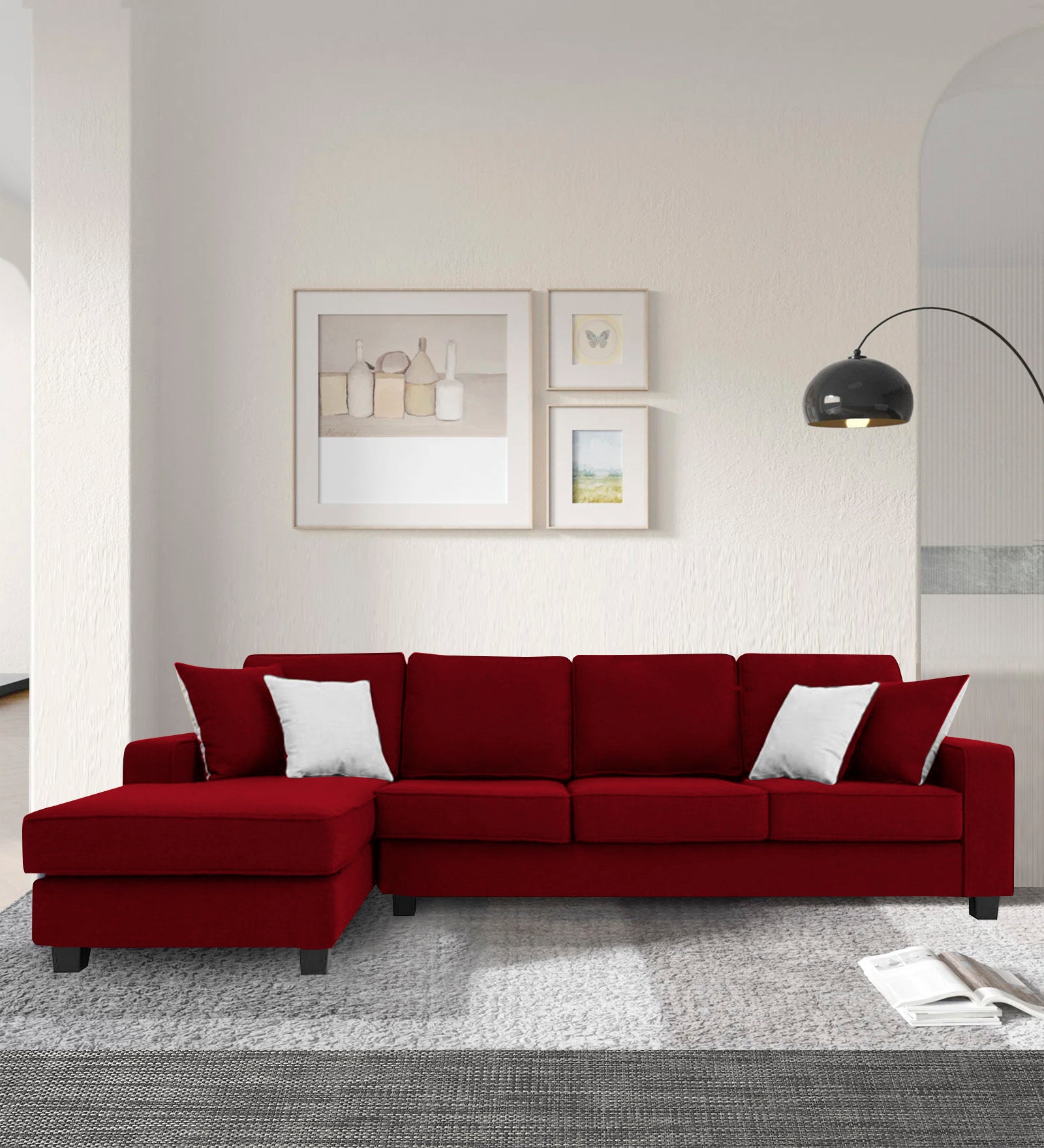 Ladybug Fabric RHS Sectional Sofa (3+Lounger) In Ruby Red Colour - Febonic Living