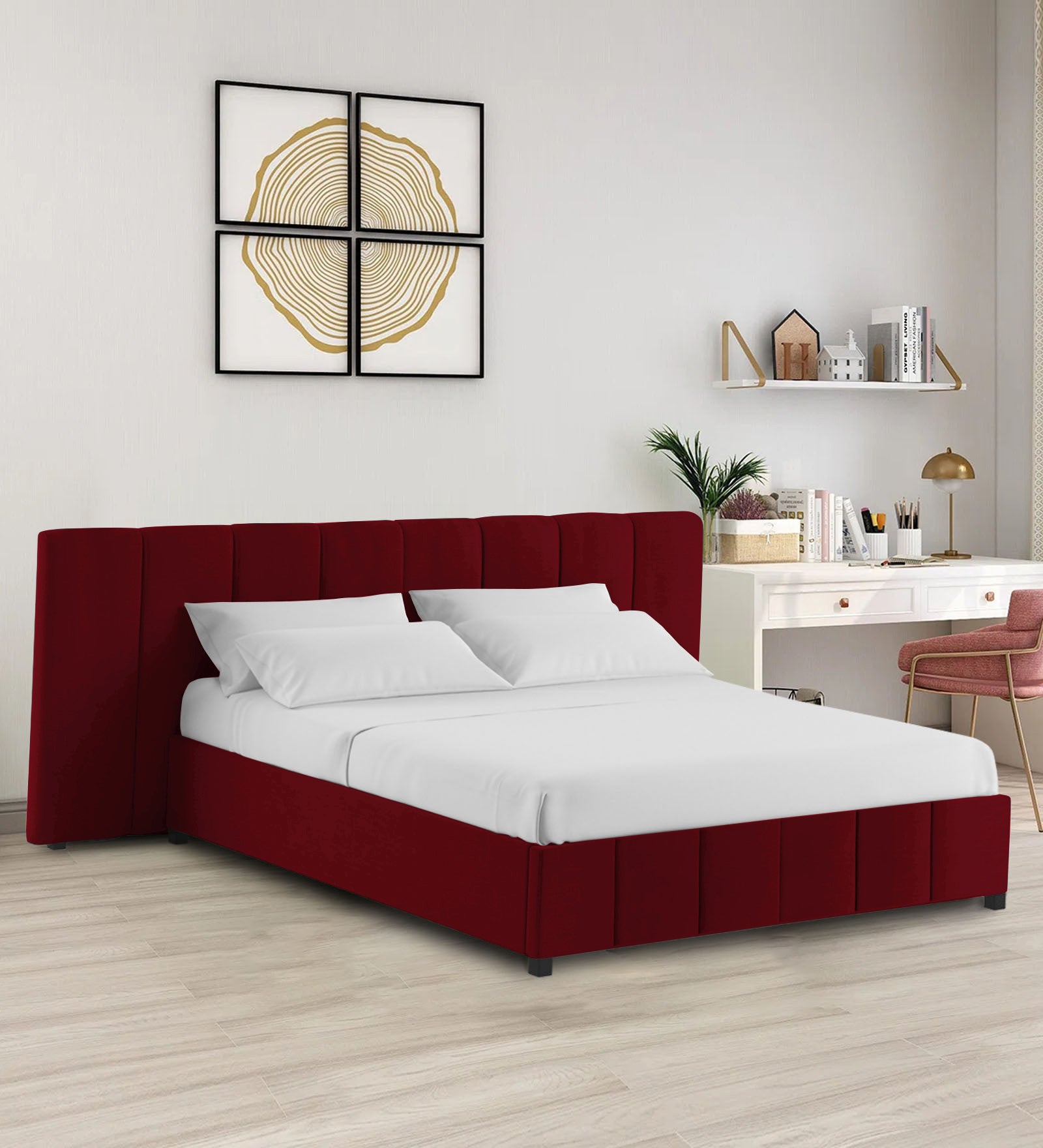 Nora Fabric Queen Size Bed In Ruby Red Colour With Box Storage - Febonic Living