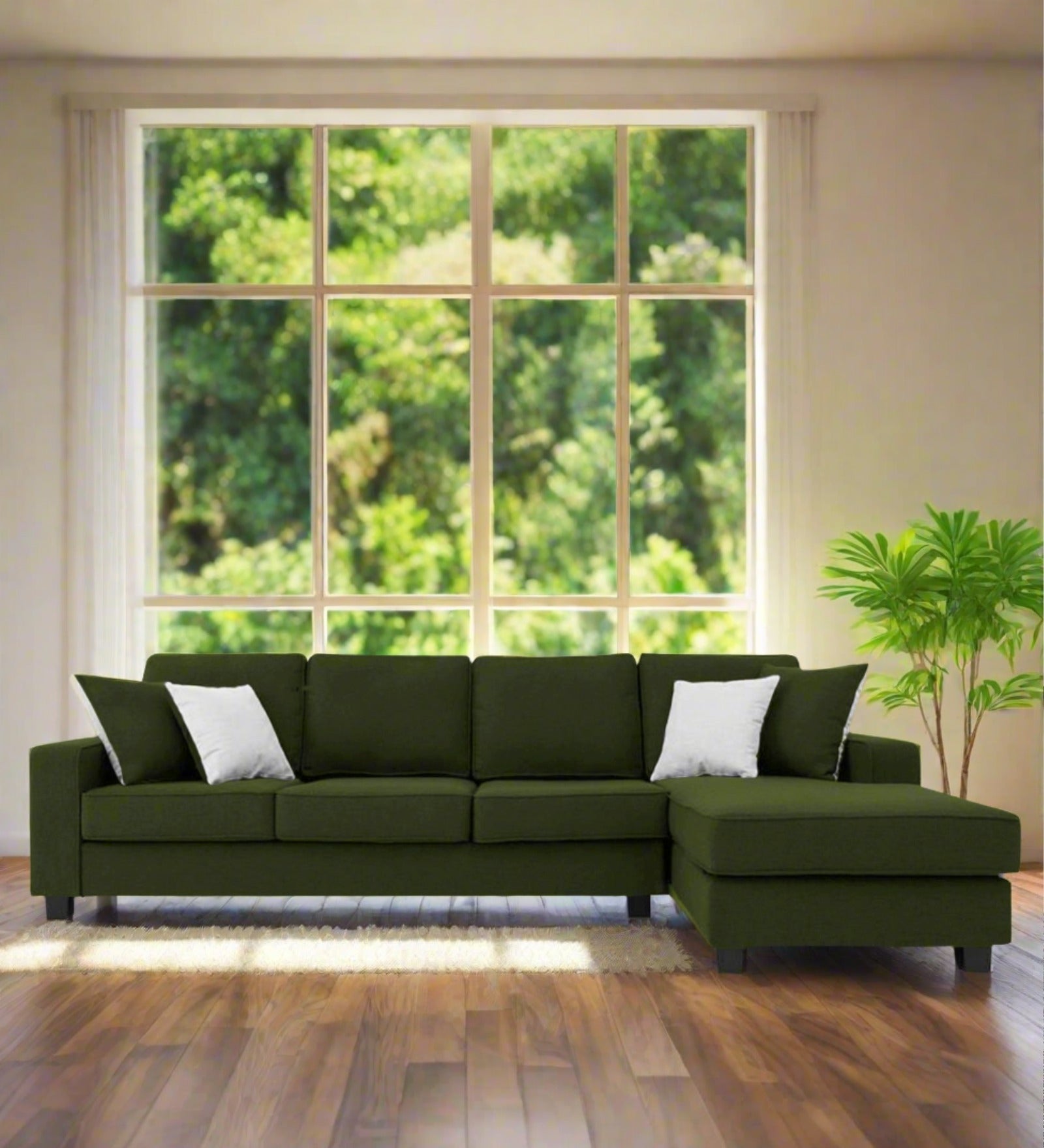 Ladybug Fabric LHS Sectional Sofa (3+Lounger) In Olive Green Colour - Febonic Living