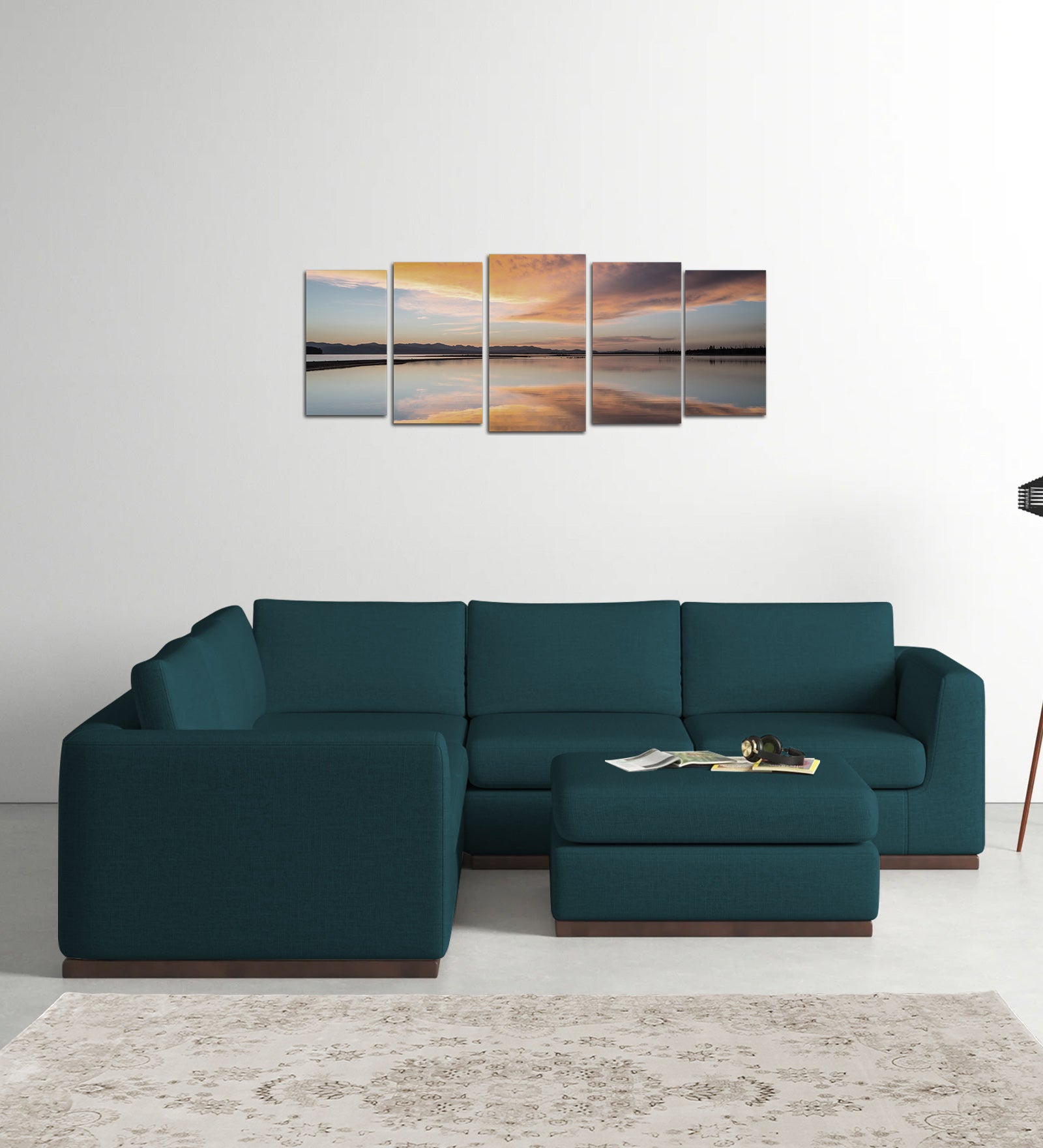 Freedom Velvet 6 Seater LHS Corner Sofa In Arabian Green Colour With Ottoman - Febonic Living