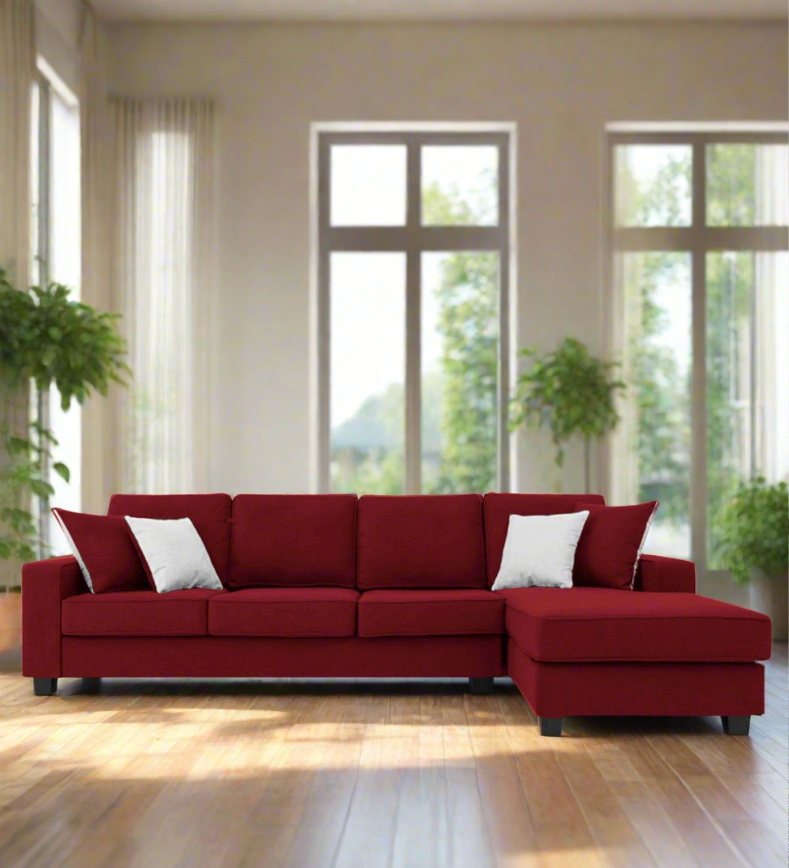 Ladybug Fabric LHS Sectional Sofa (3+Lounger) In Blood Maroon Colour - Febonic Living