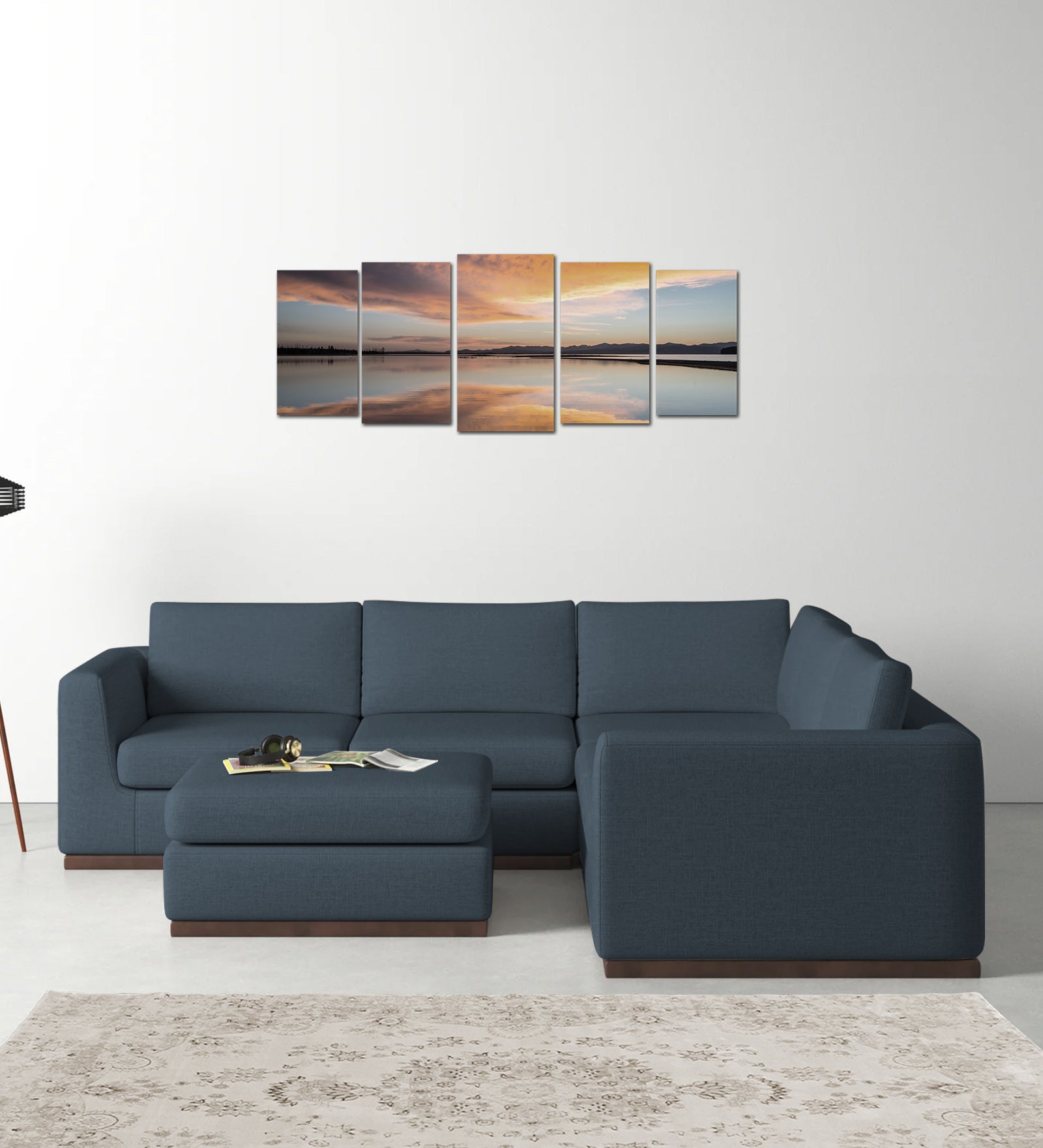 Freedom Velvet 6 Seater RHS Corner Sofa In Oxford Blue Colour With Ottoman - Febonic Living