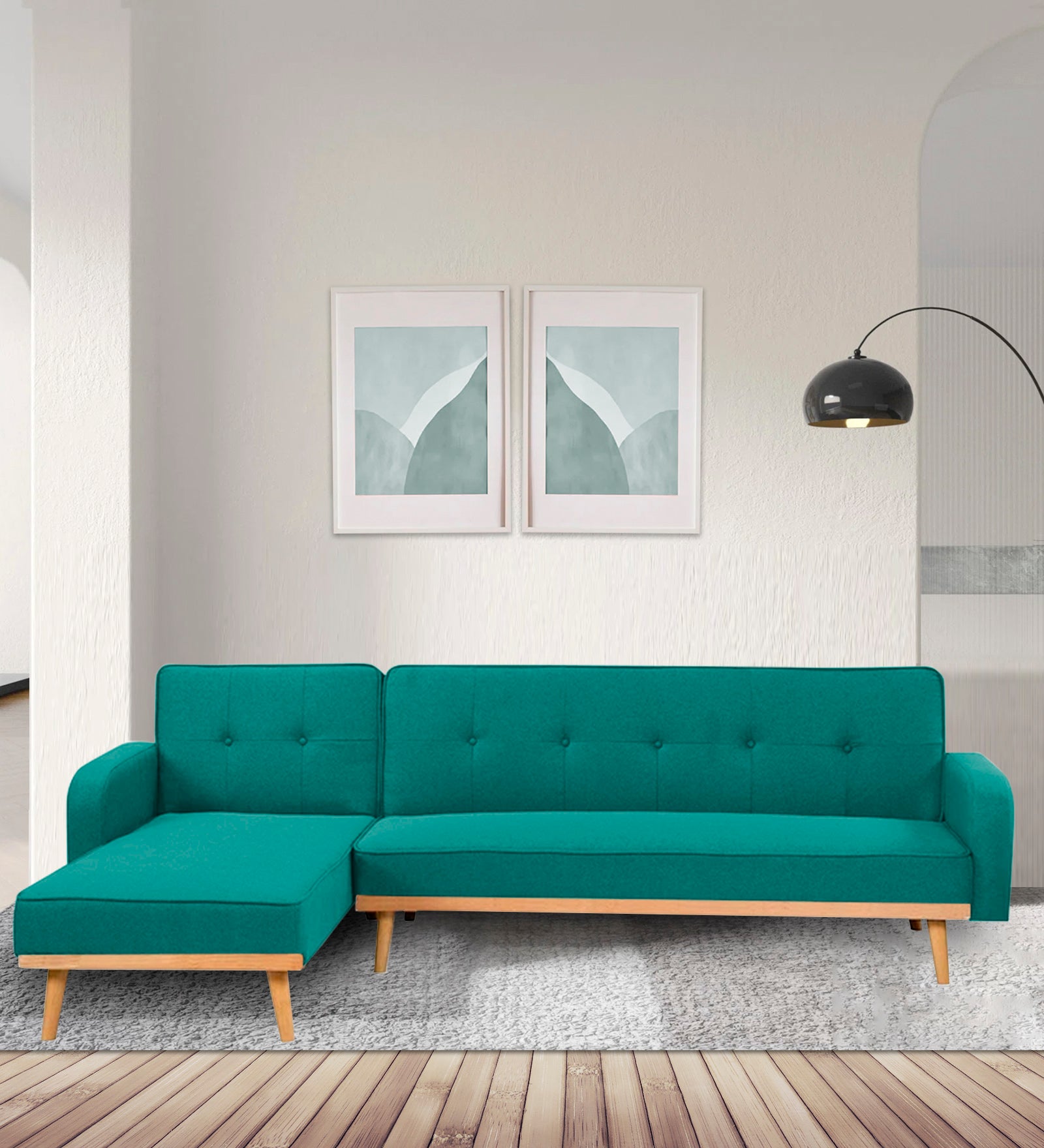 Zuno Fabric RHS Convertible Sofa Cum Bed In Sea Green Colour - Febonic Living