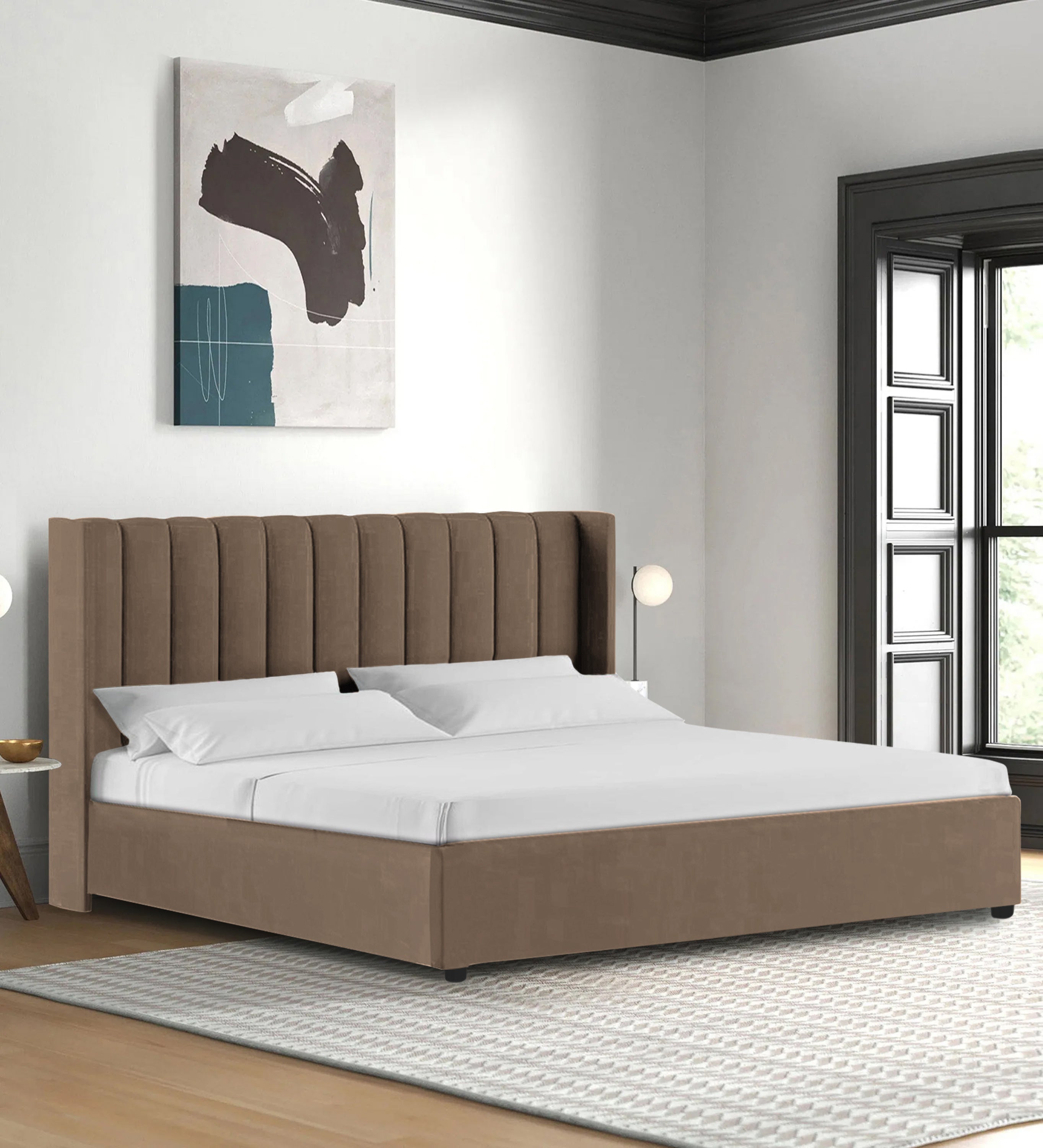 Colina Fabric Queen Size Bed In Cookie Beige Colour With Box Storage - Febonic Living