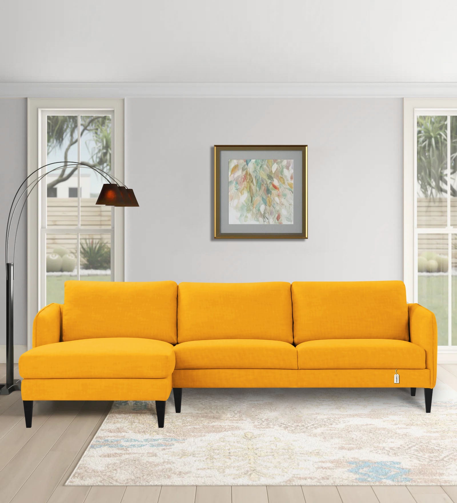 Piku Fabric RHS Sectional Sofa (3+Lounger) In Bold Yellow Colour - Febonic Living
