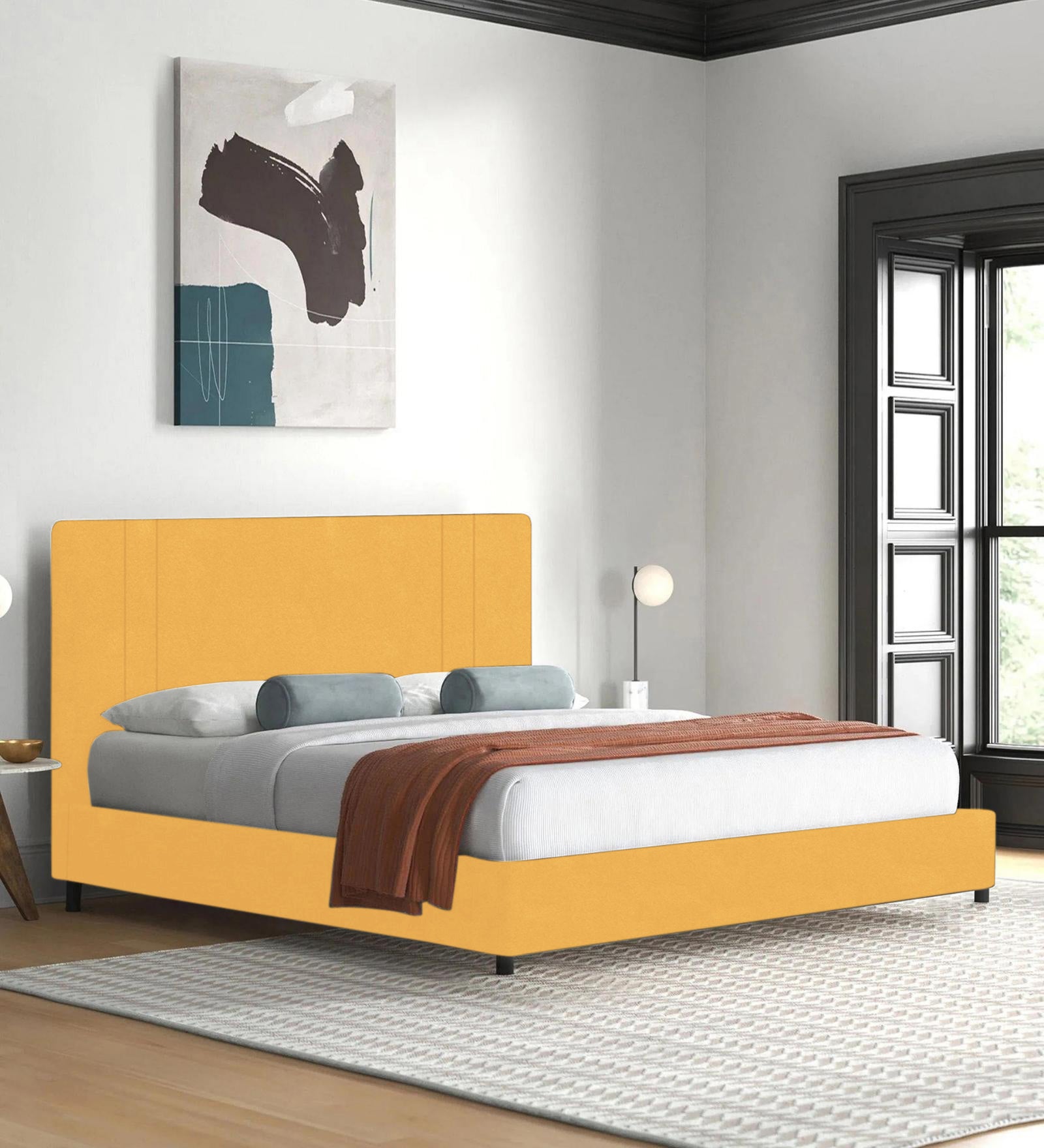 Asyra Velvet Queen Bed in Turmeric Yellow Colour With Box Storage - Febonic Living