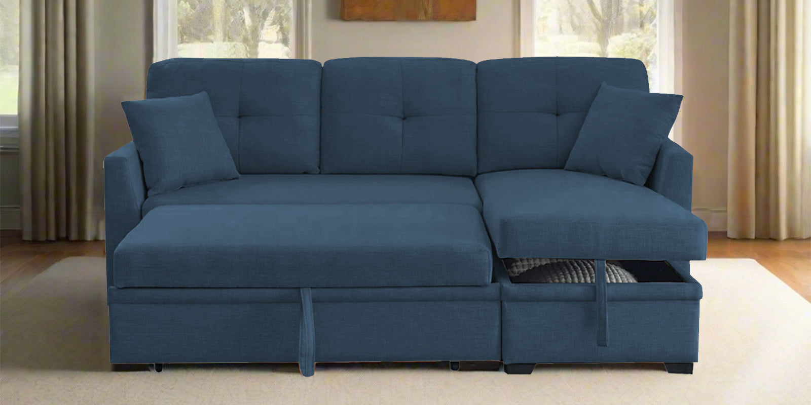 Jody Fabric 3 Seater Pull Out Sofa Cum Bed In Light Blue Colour With Storage - Febonic Living