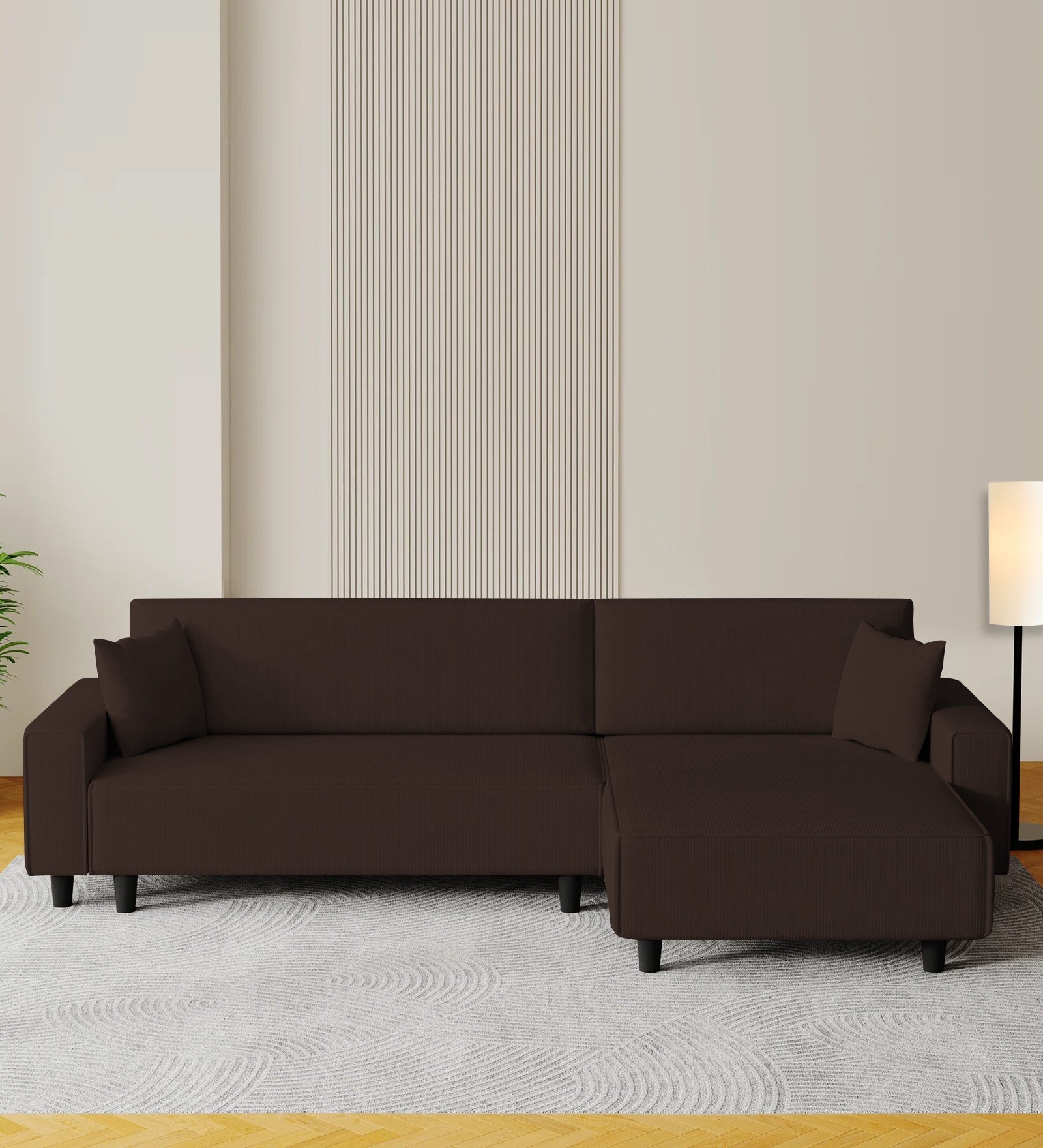 Peach Fabric LHS 6 Seater Sofa Cum Bed With Storage In Coffee Brown Colour - Febonic Living