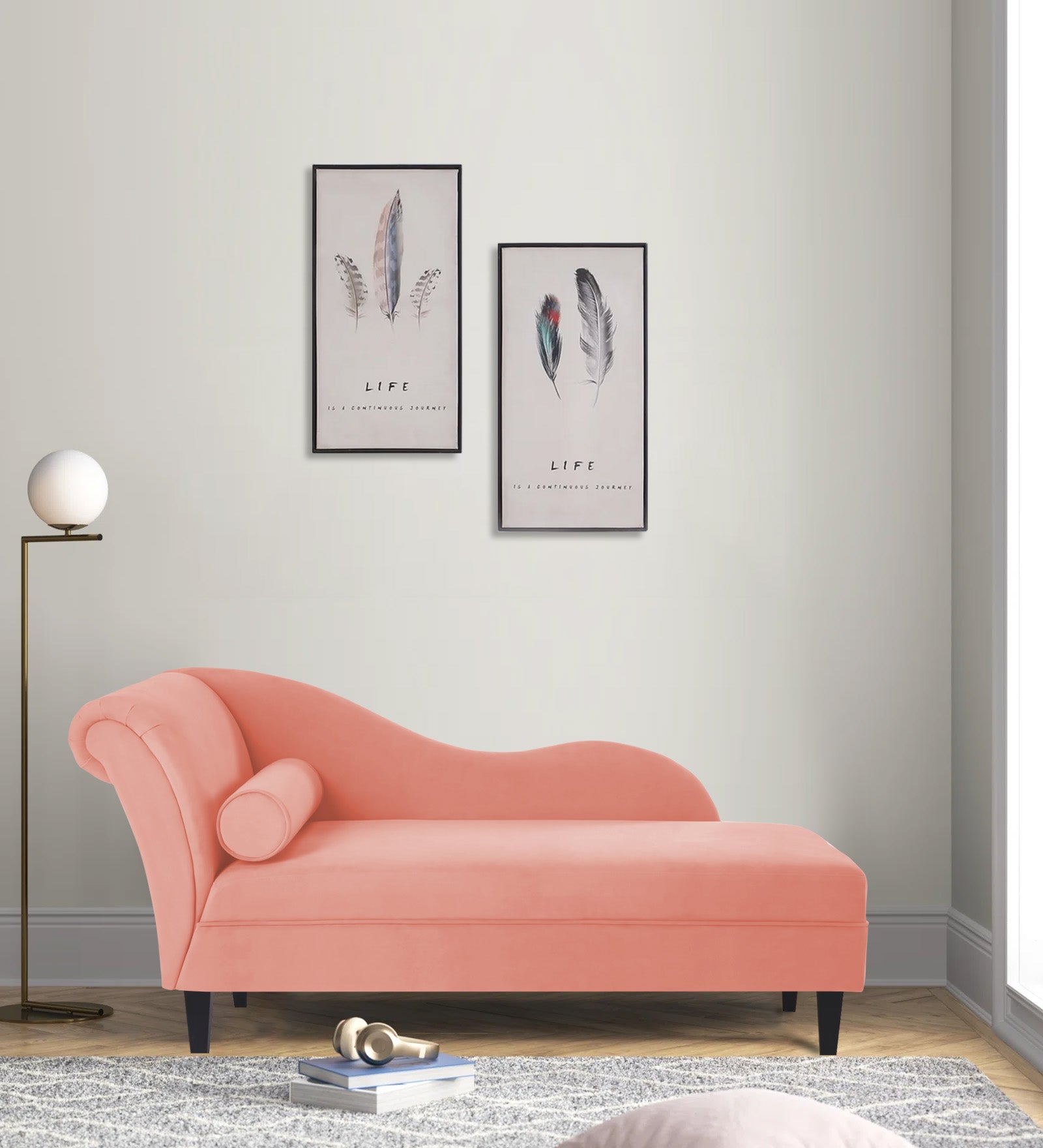 Rana Velvet RHS Chaise Lounger In Blush Pink Colour - Febonic Living