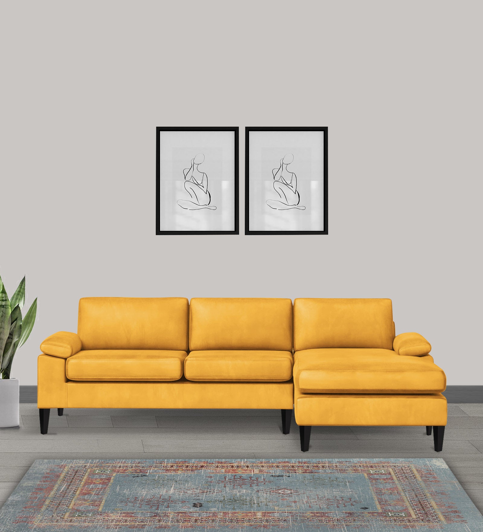Vegas Velvet LHS Sectional Sofa (3+Lounger) In Turmeric yellow Colour - Febonic Living
