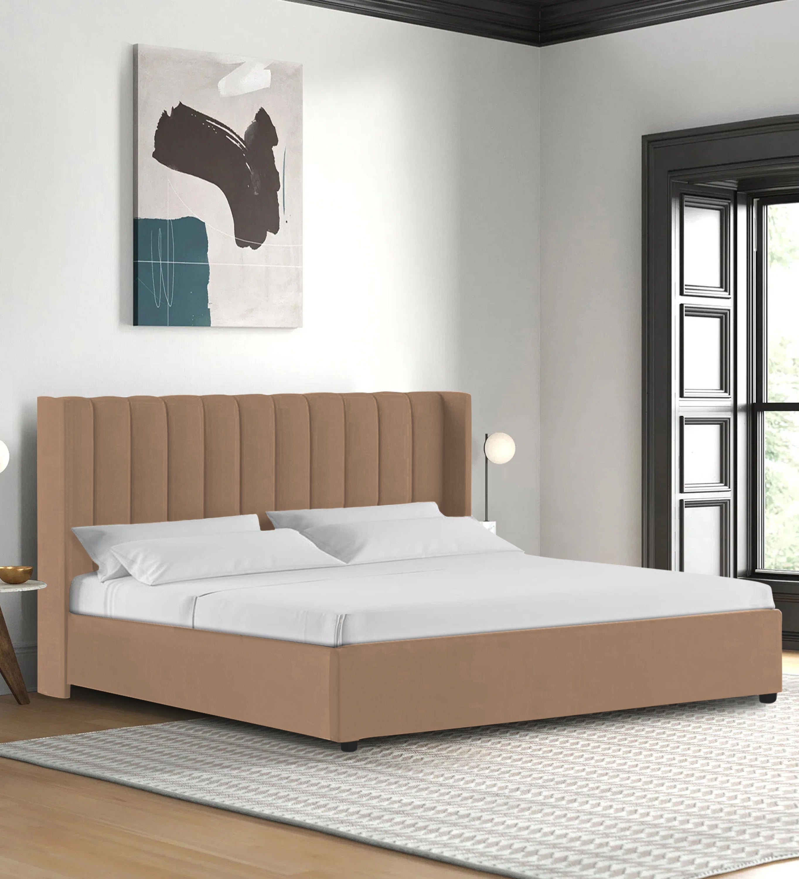 Colina Fabric Queen Size Bed In Cosmic Beige Colour With Box Storage - Febonic Living