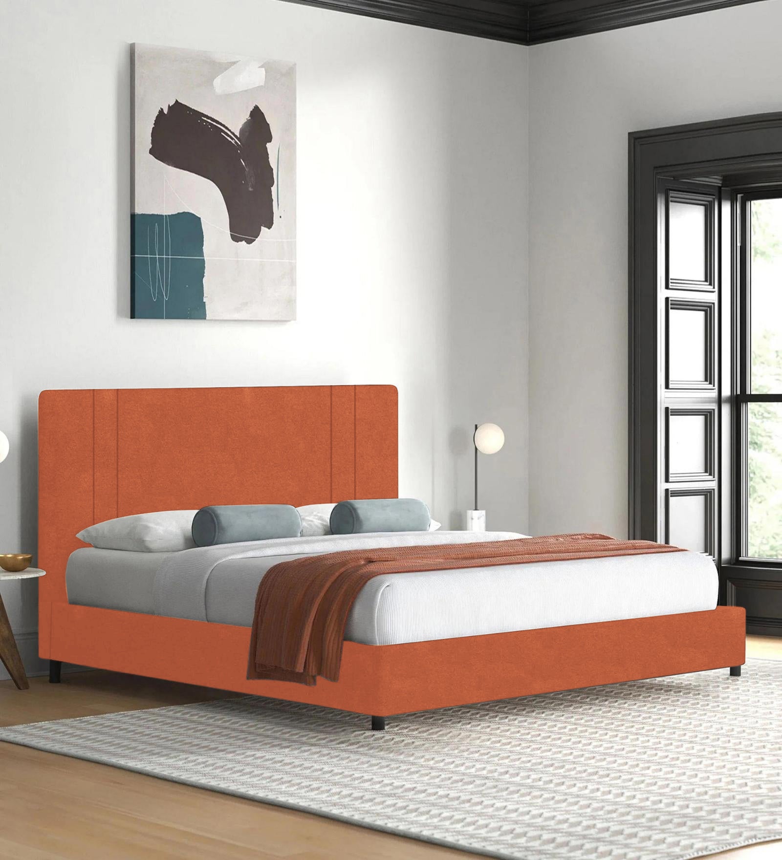 Asyra Velvet Queen Bed in Yam Orange Colour With Box Storage - Febonic Living