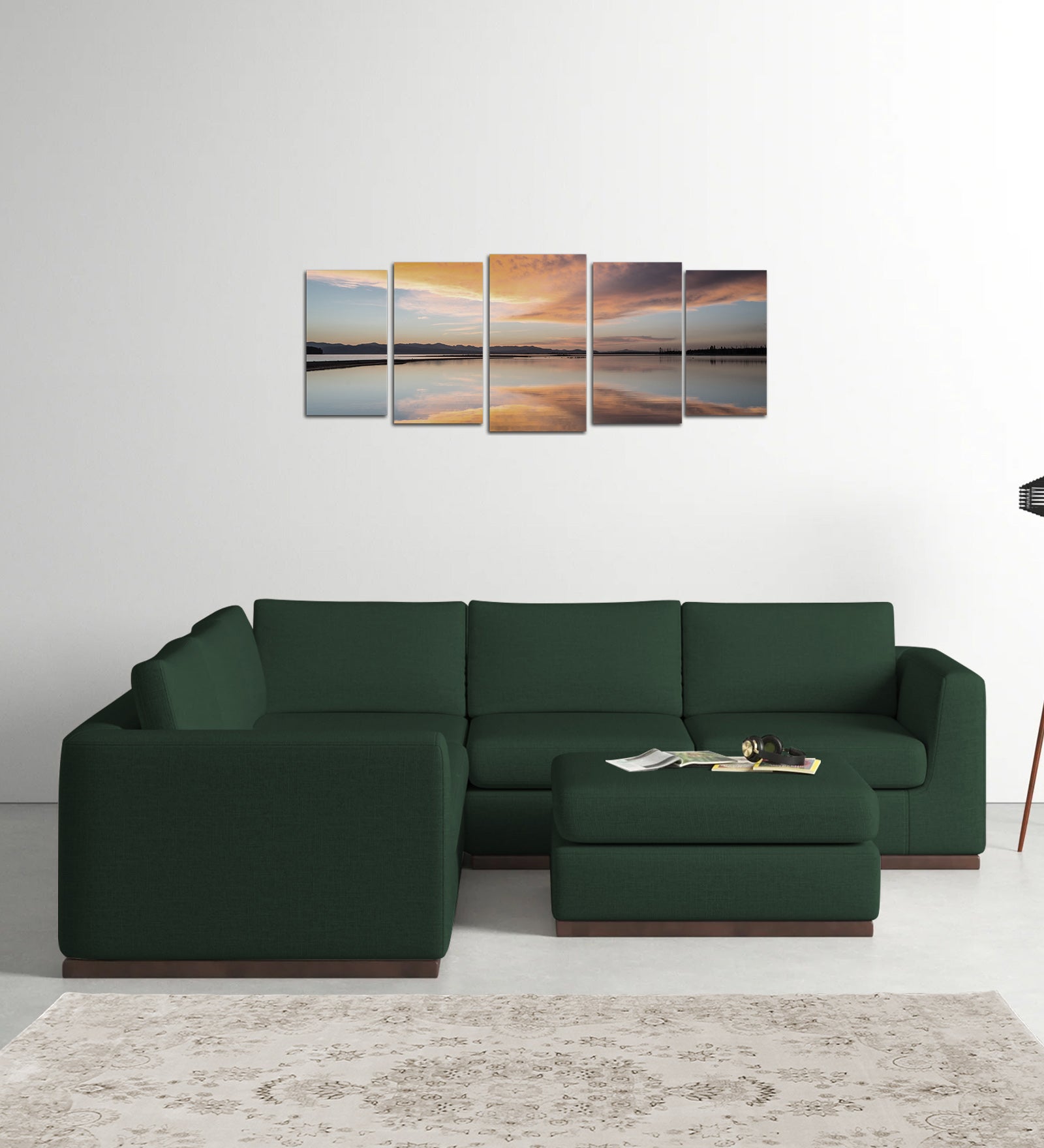 Freedom Velvet 6 Seater LHS Corner Sofa In Amazon Green Colour With Ottoman - Febonic Living