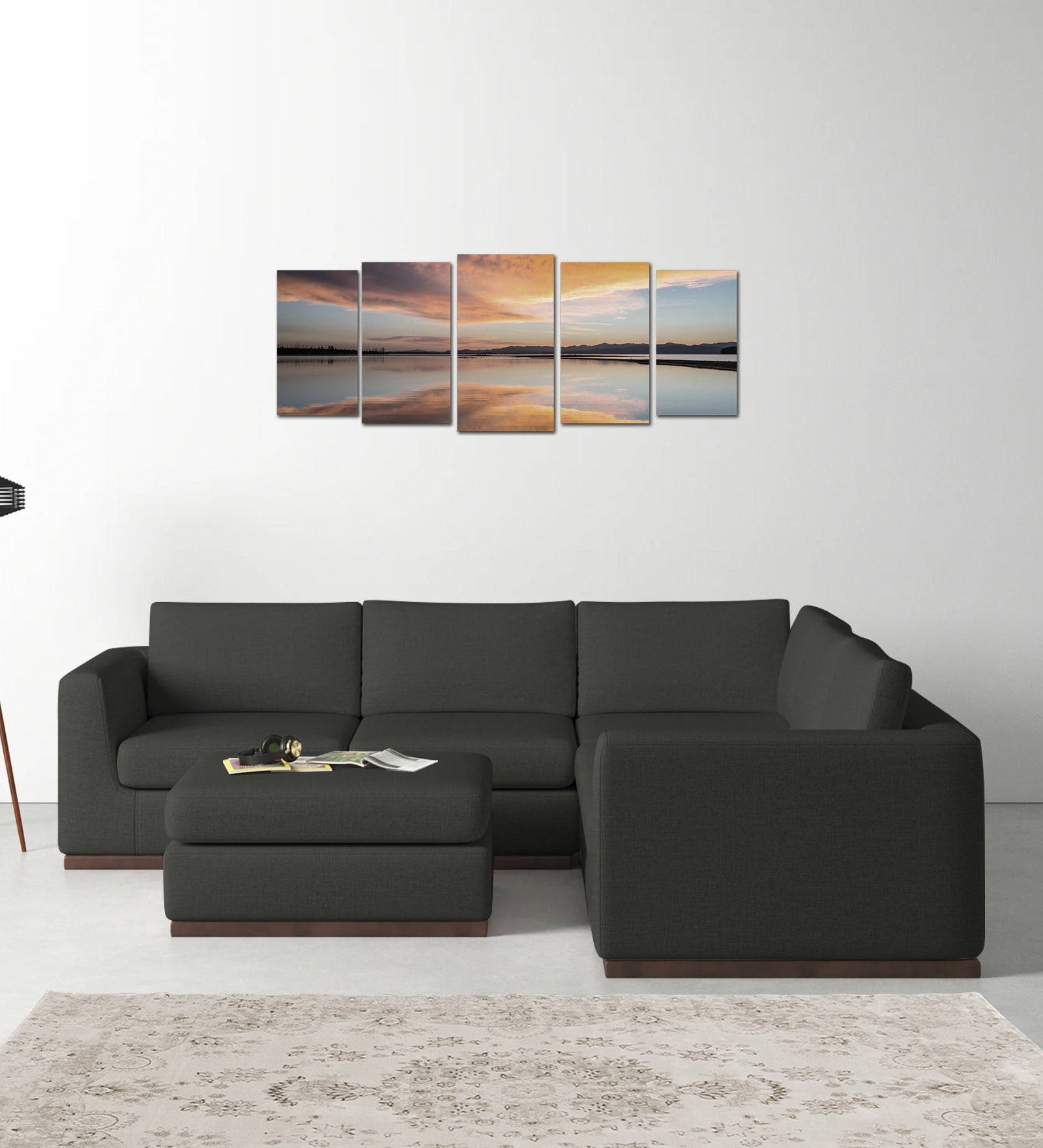 Freedom Velvet 6 Seater RHS Corner Sofa In Hory Grey Colour With Ottoman - Febonic Living