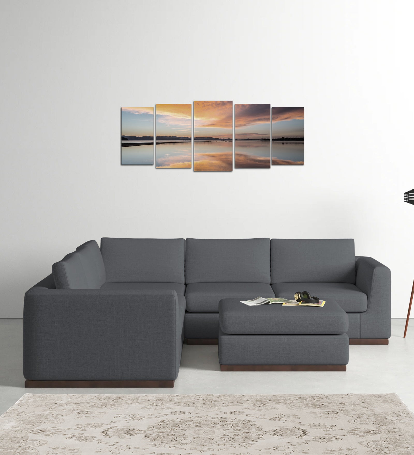 Freedom Velvet 6 Seater LHS Corner Sofa In Pubble Grey Colour With Ottoman - Febonic Living