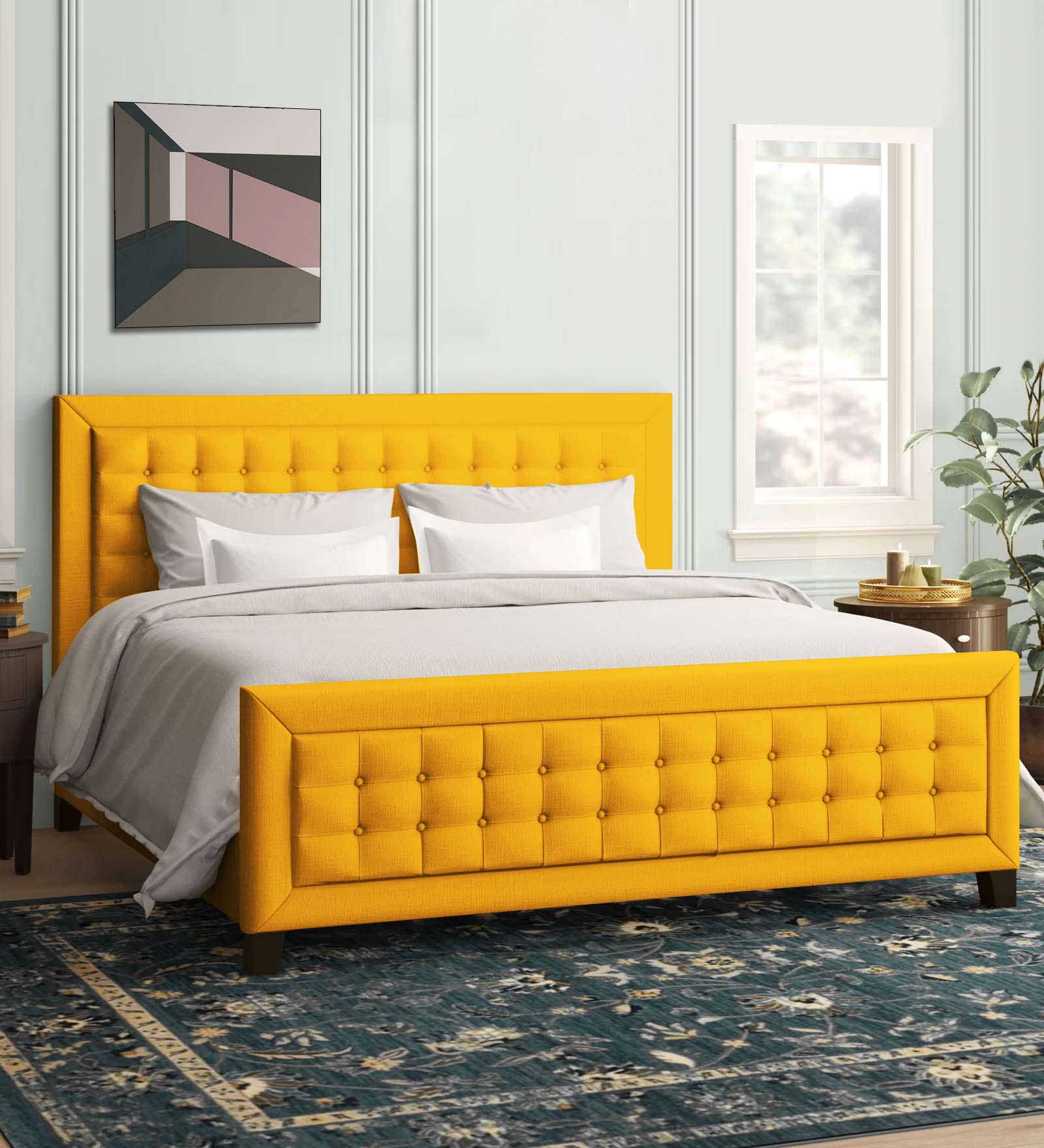 Kaster Fabric King Size Bed In Bold Yellow Colour - Febonic Living