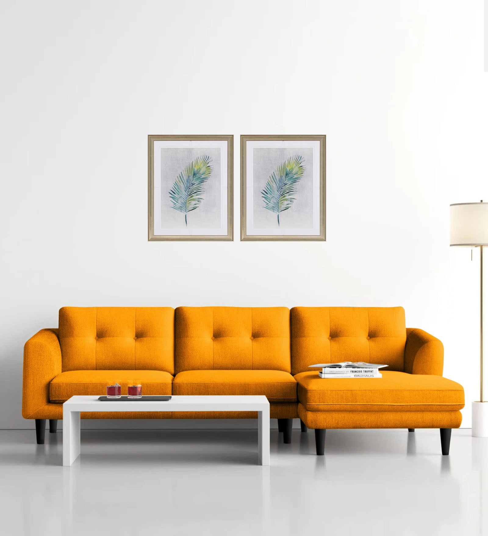 Natasha Velvet LHS Sectional Sofa (3+Lounger) In Saffron Yellow Colour - Febonic Living