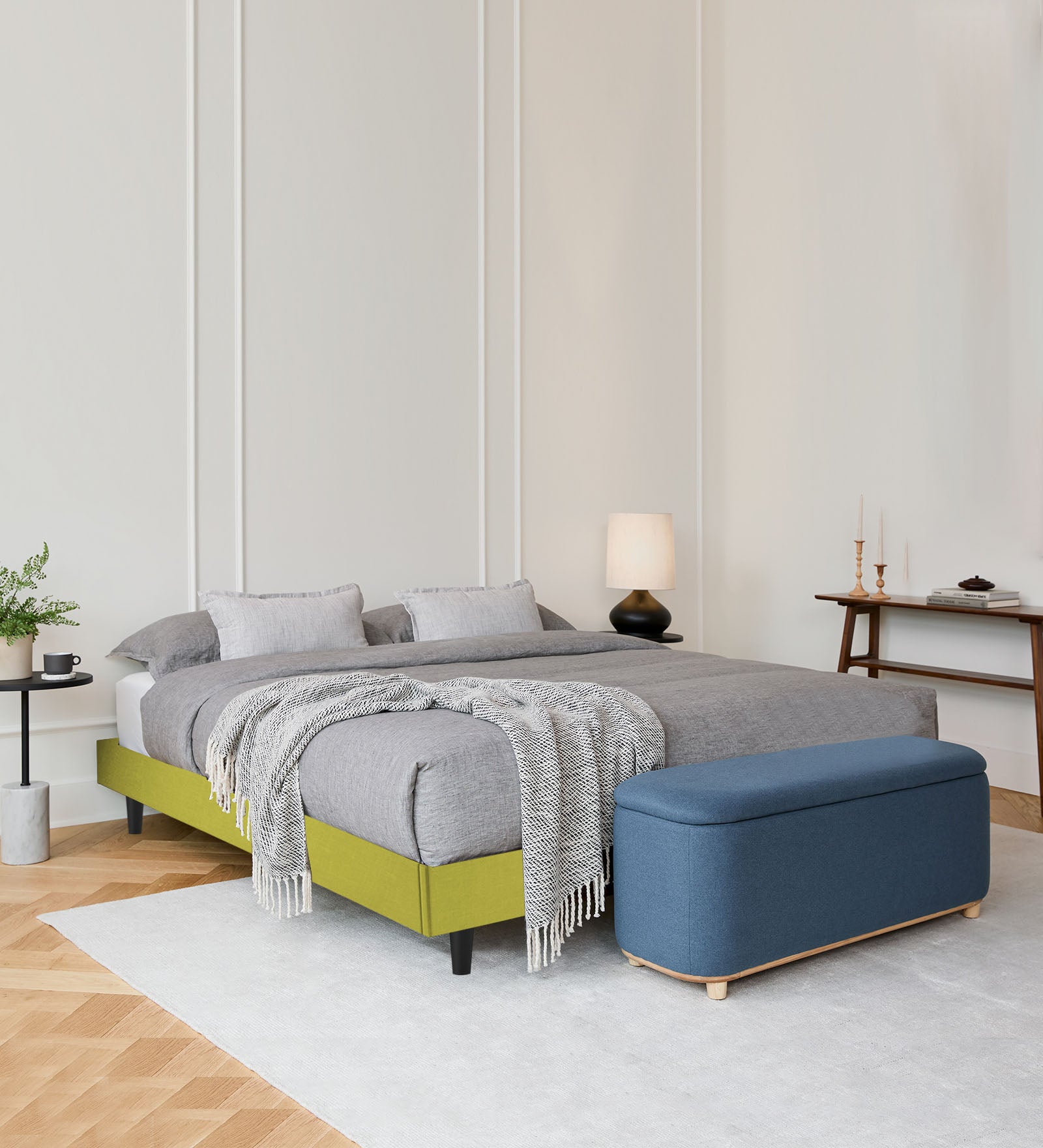 Basi Fabric Queen Size Bed In Parrot Green Colour - Febonic Living