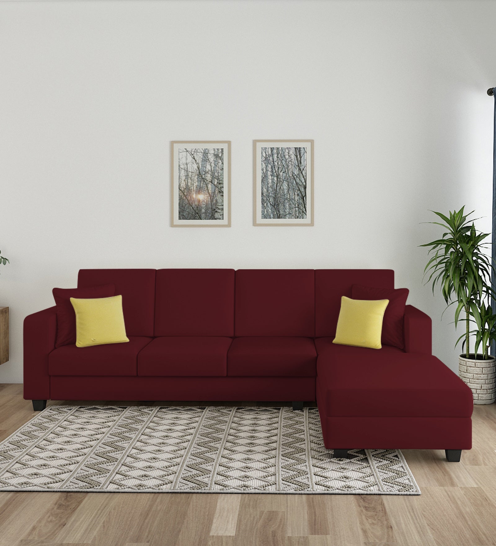 Nabi Fabric LHS Sectional Sofa (3 + Lounger) In Blood Maroon Colour