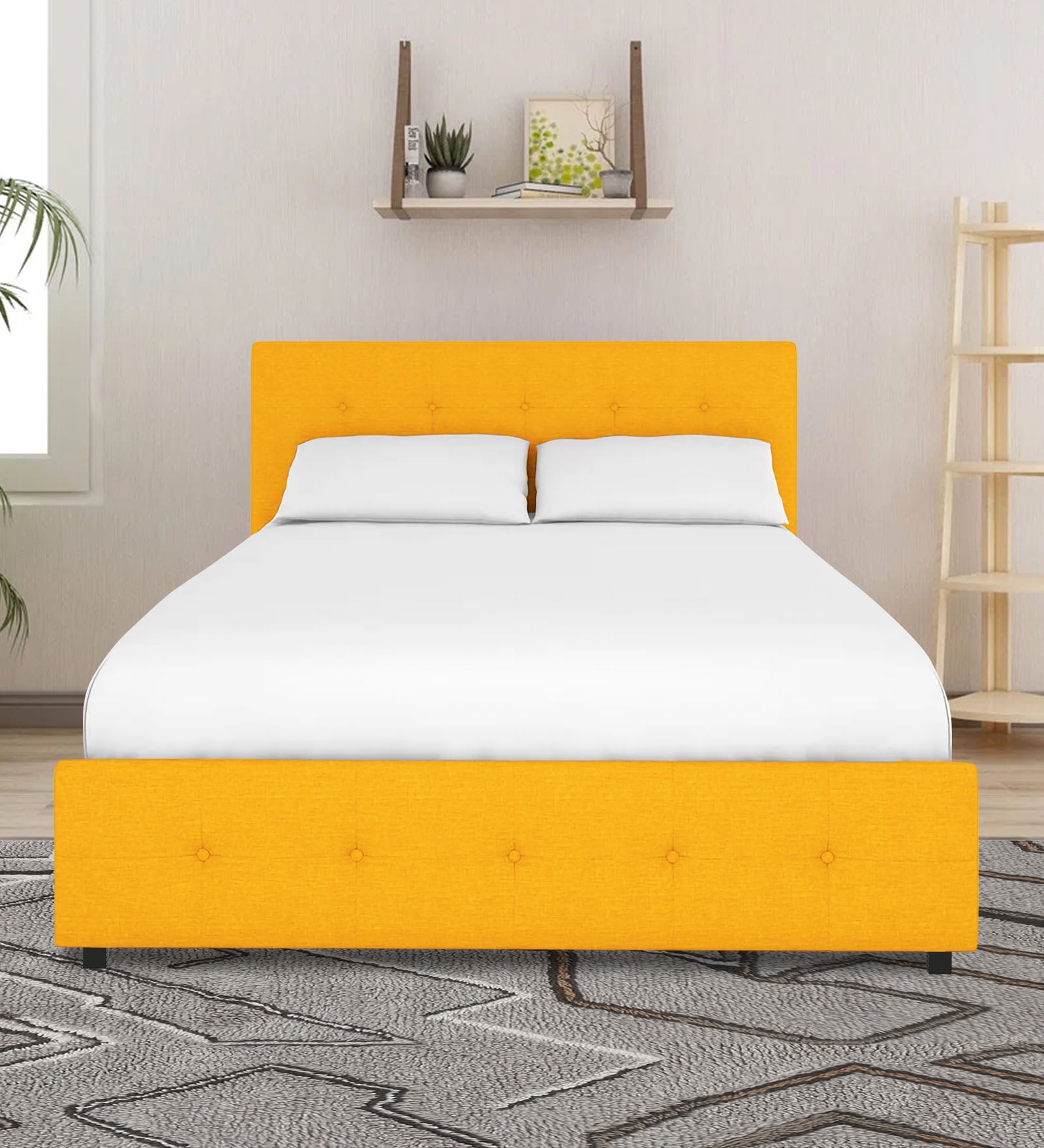 Lido Fabric King Size Bed In Bold Yellow Colour With Drawer Storage - Febonic Living