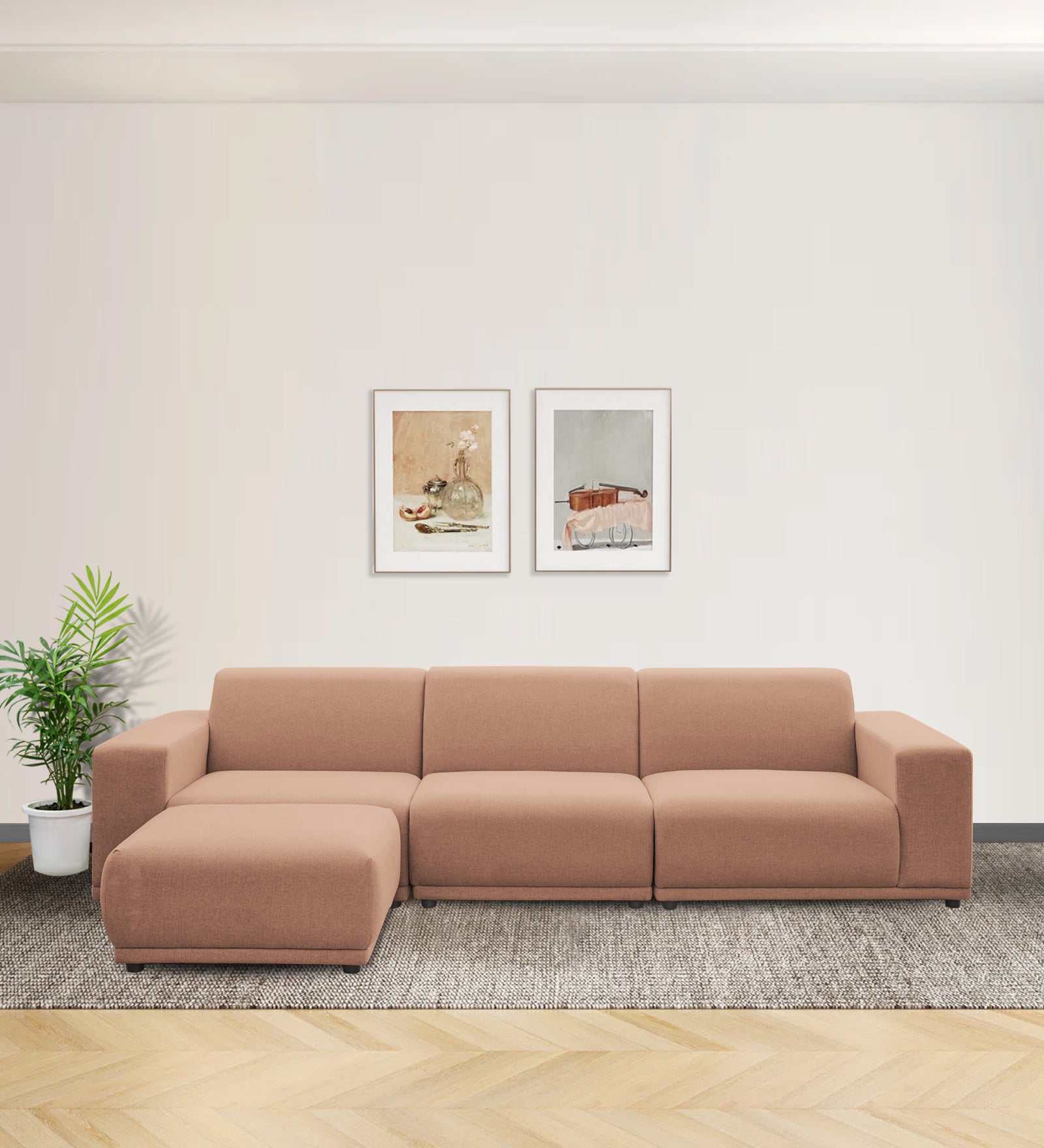 Adam Fabric LHS Sectional Sofa (3+Ottoman Lounger) In Cosmic Beige Colour - Febonic Living