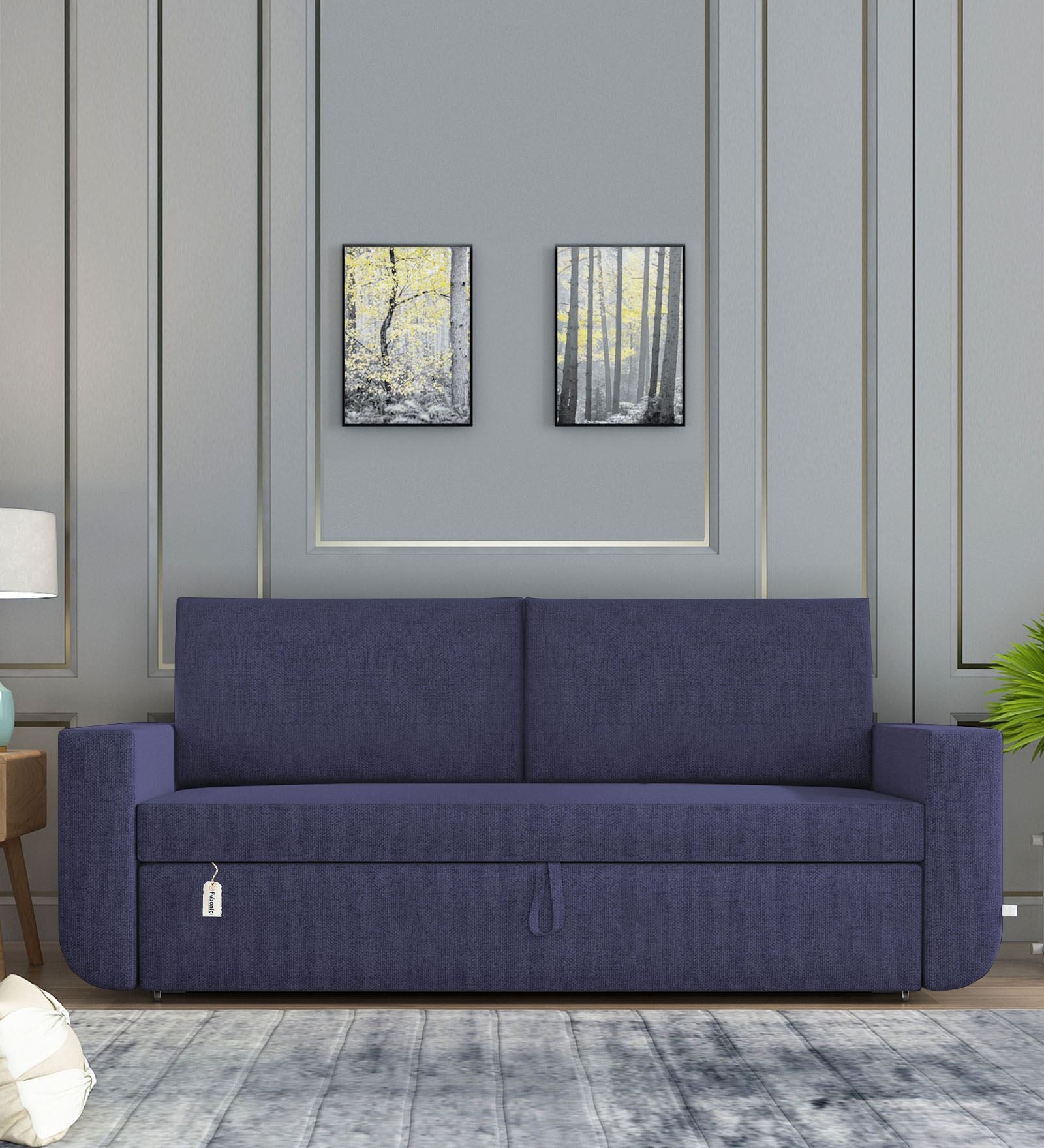 Grace Fabric 3 Seater Pull Out Sofa Cum Bed In Slate Blue Colour With Storage - Febonic Living