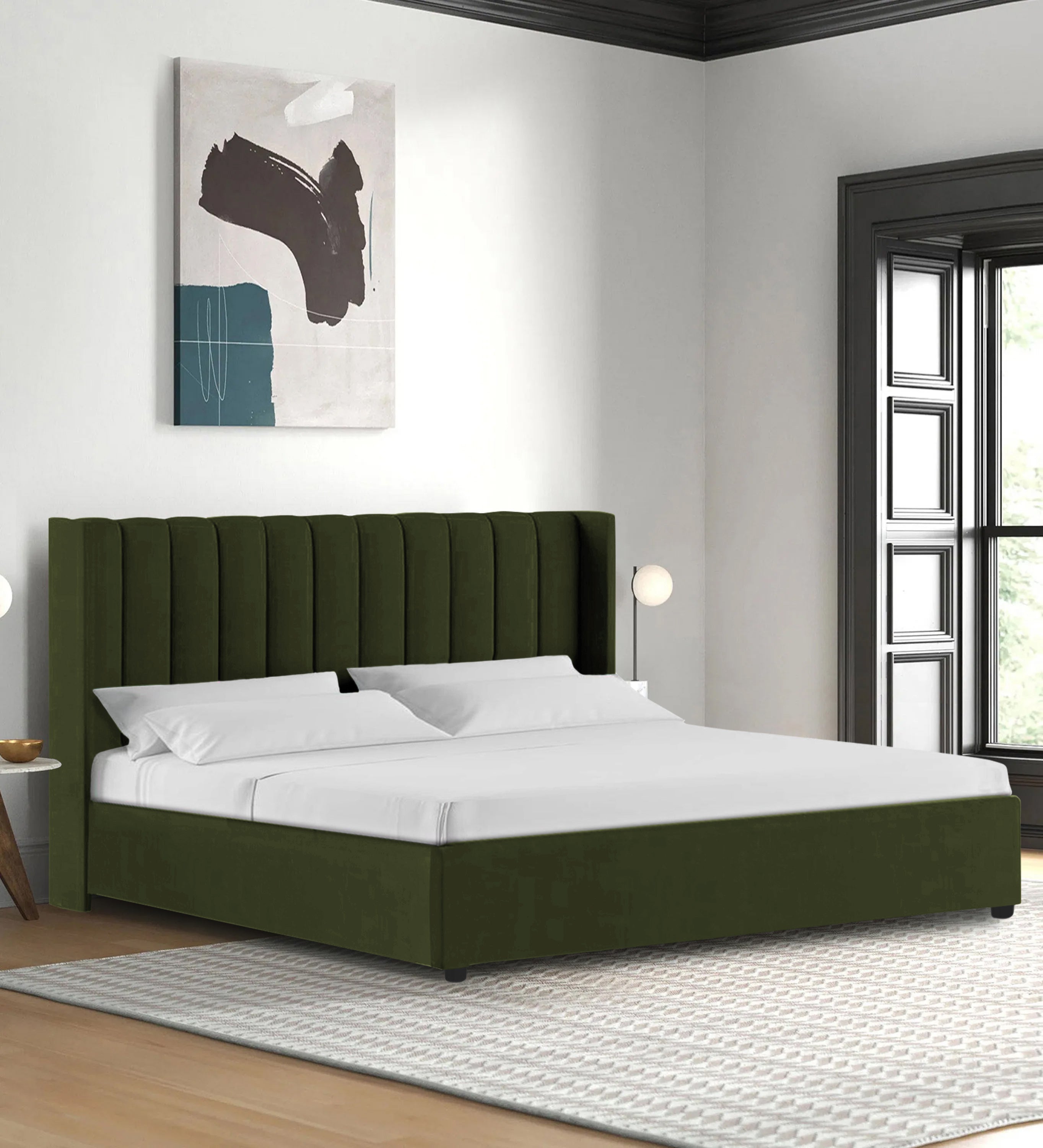 Colina Fabric Queen Size Bed In Olive Green Colour With Box Storage - Febonic Living