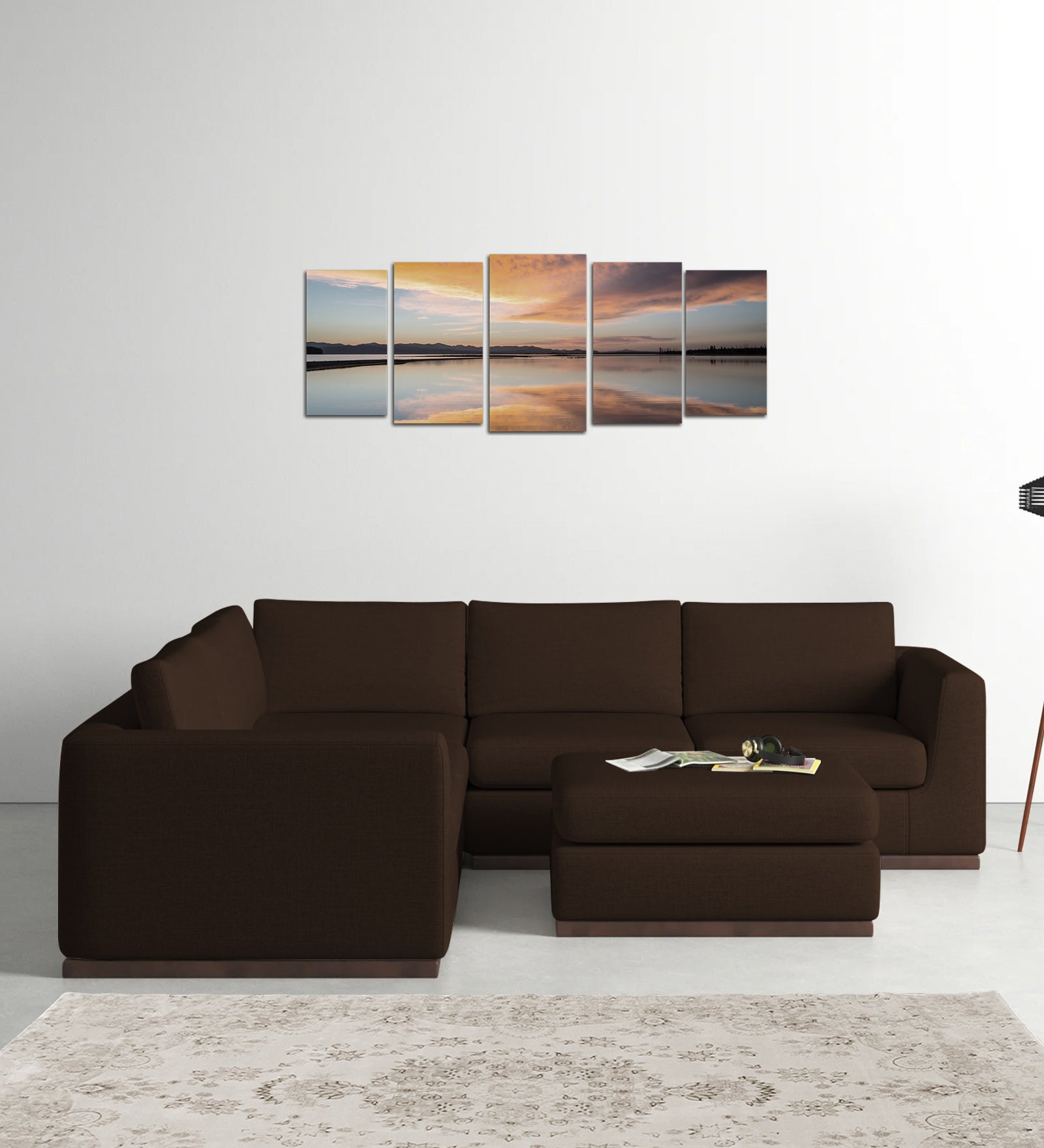 Freedom Velvet 6 Seater LHS Corner Sofa In Cholocate Brown Colour With Ottoman - Febonic Living