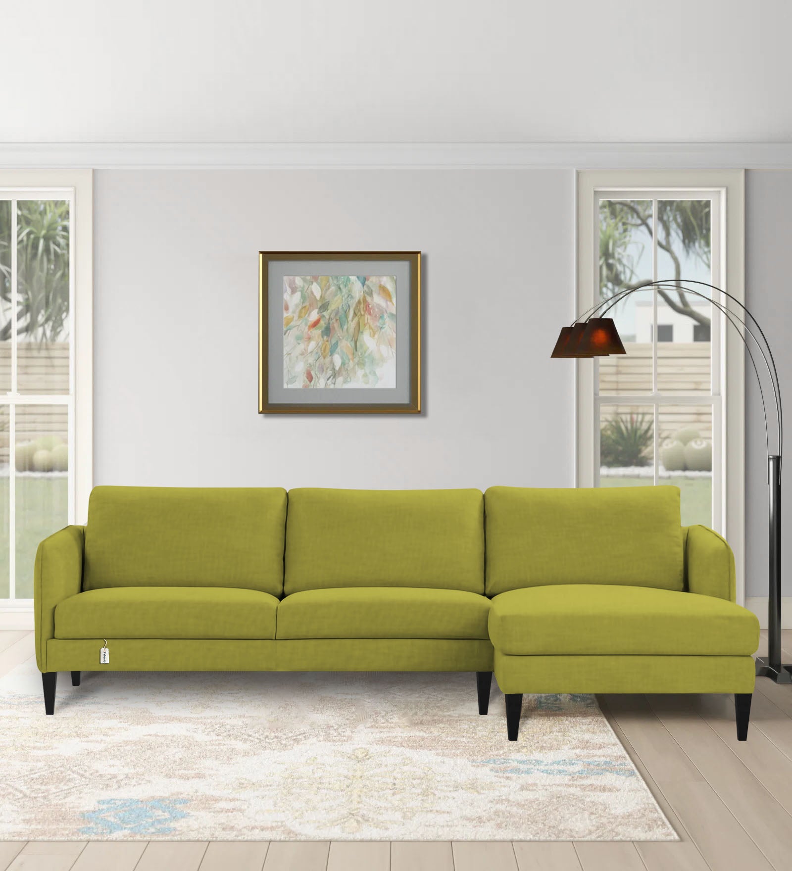 Piku Fabric LHS Sectional Sofa (3+Lounger) In Parrot Green Colour - Febonic Living