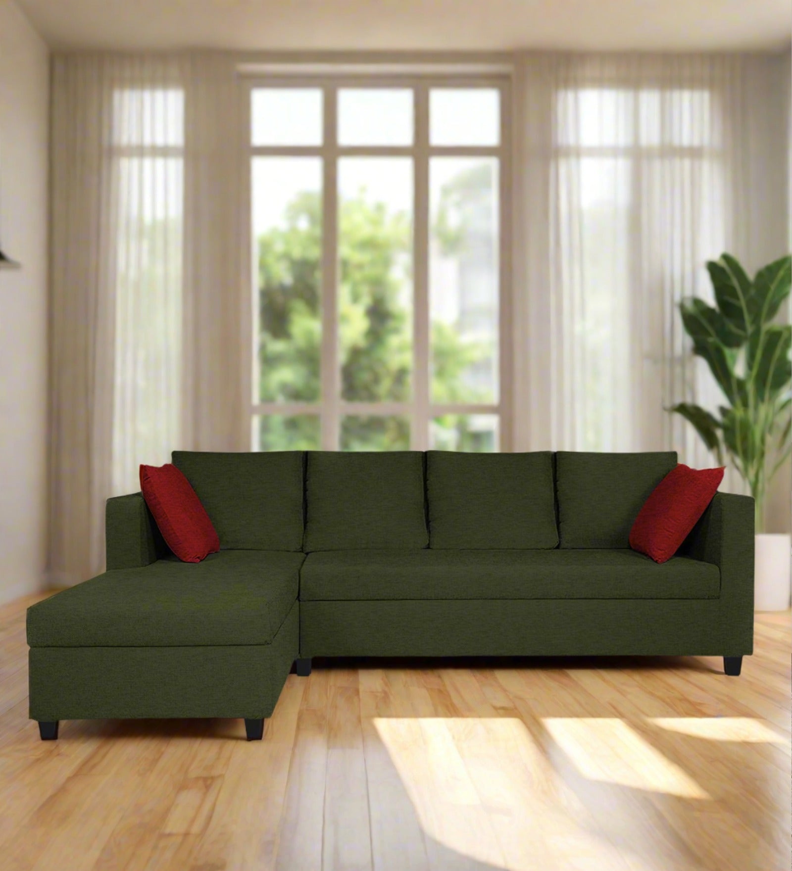 Nebula Fabric RHS Sectional Sofa (3+Lounger) In Olive Green Colour - Febonic Living