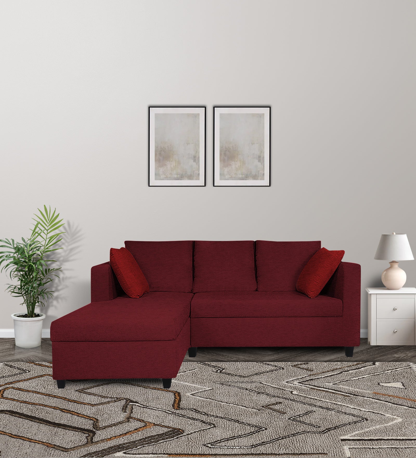 Nebula Fabric RHS Sectional Sofa (2+Lounger) In Blood Maroon Colour - Febonic Living