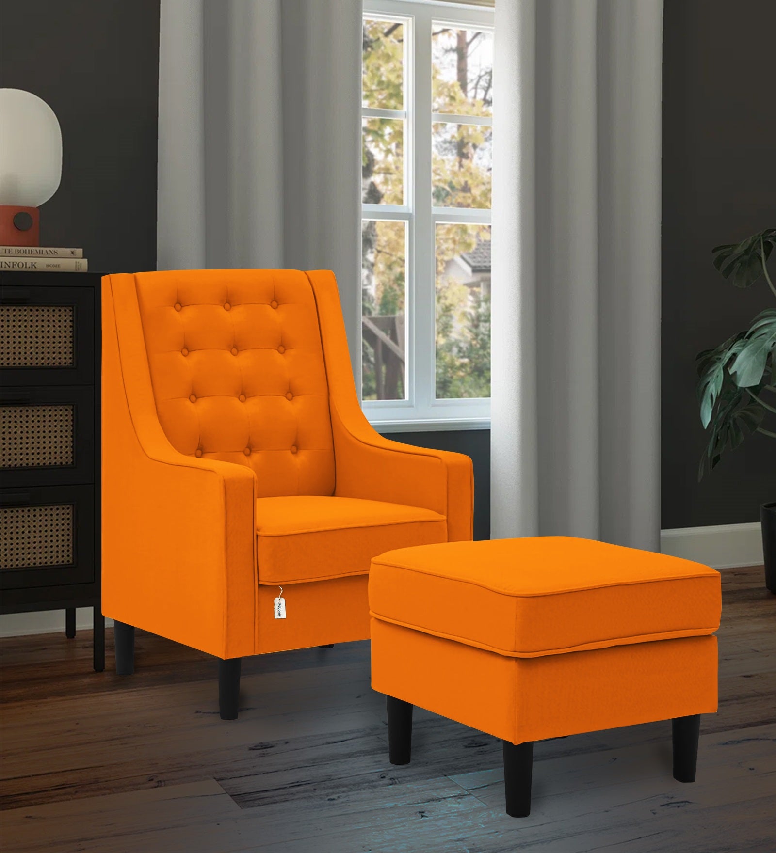 Sona Fabric Barrel Chair With Ottoman In Vivid Orange Colour - Febonic Living