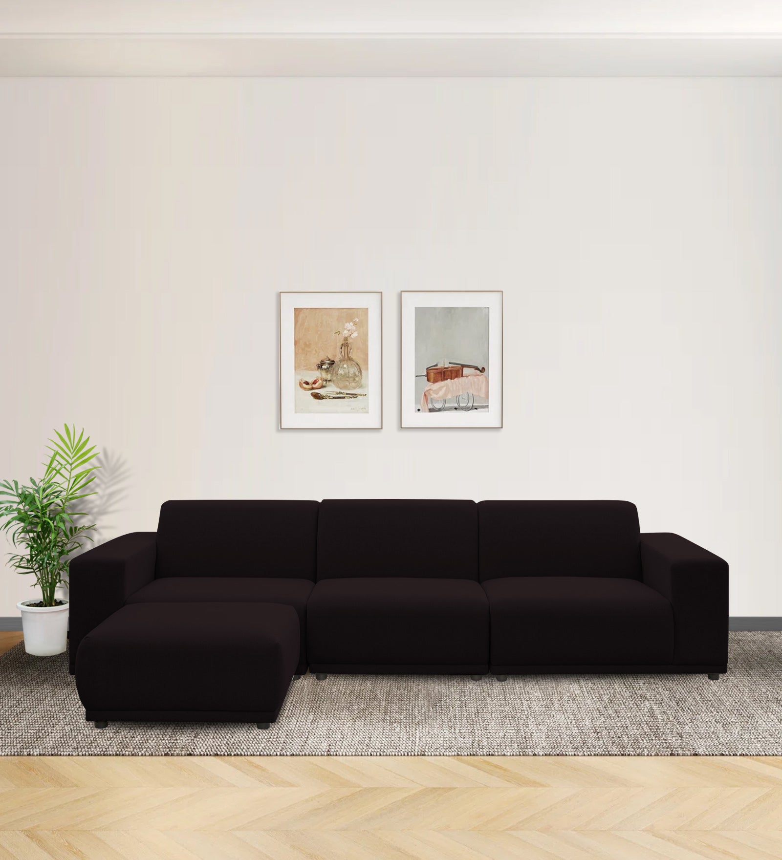 Adam Fabric LHS Sectional Sofa (3+Ottoman Lounger) In Cara Brown Colour - Febonic Living