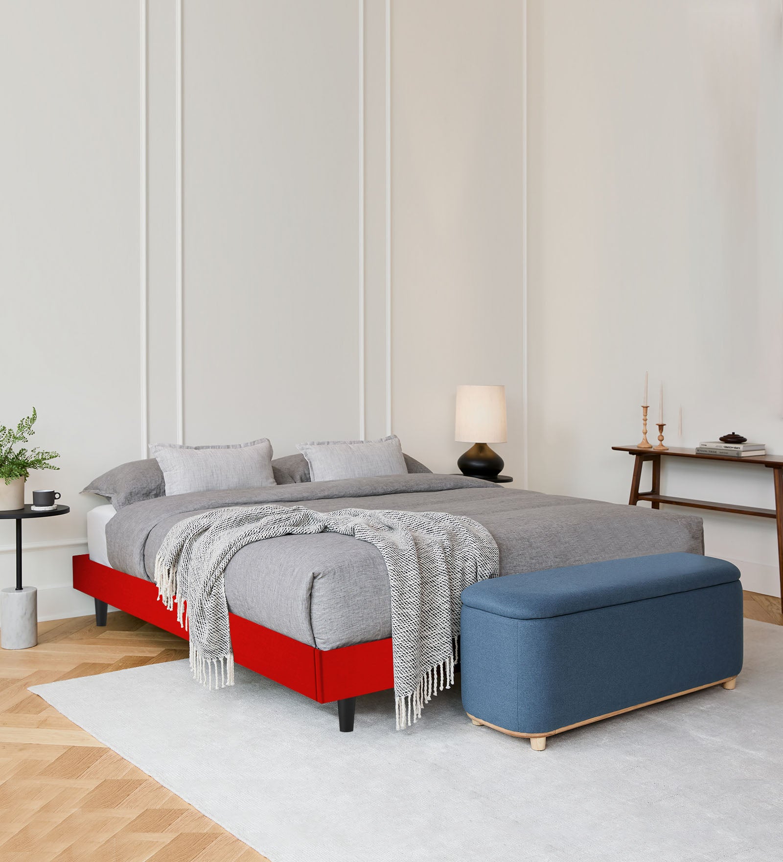 Basi Fabric Queen Size Bed In Ruby Red Colour - Febonic Living