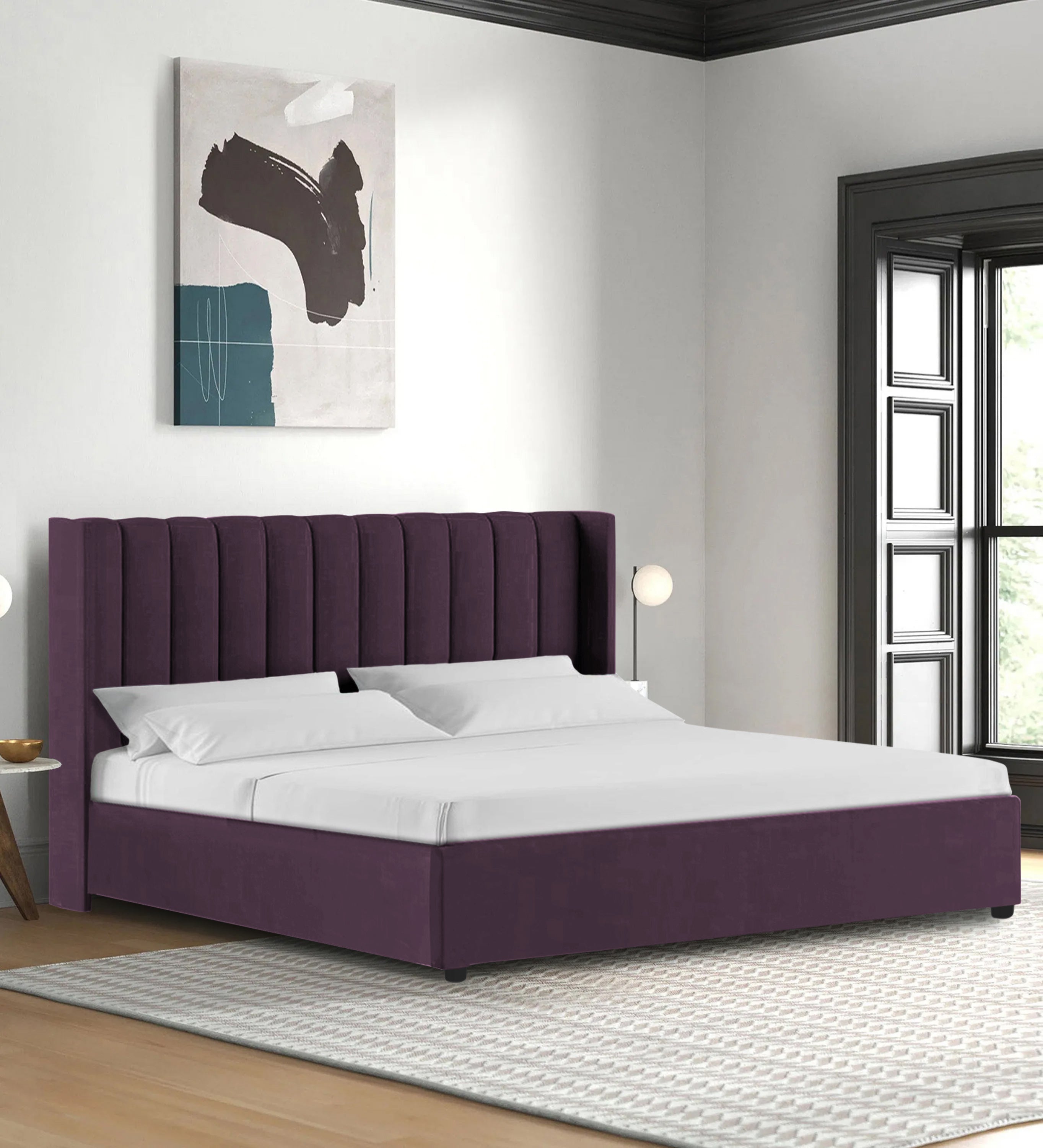 Colina Fabric Queen Size Bed In Greek Purple Colour With Box Storage - Febonic Living