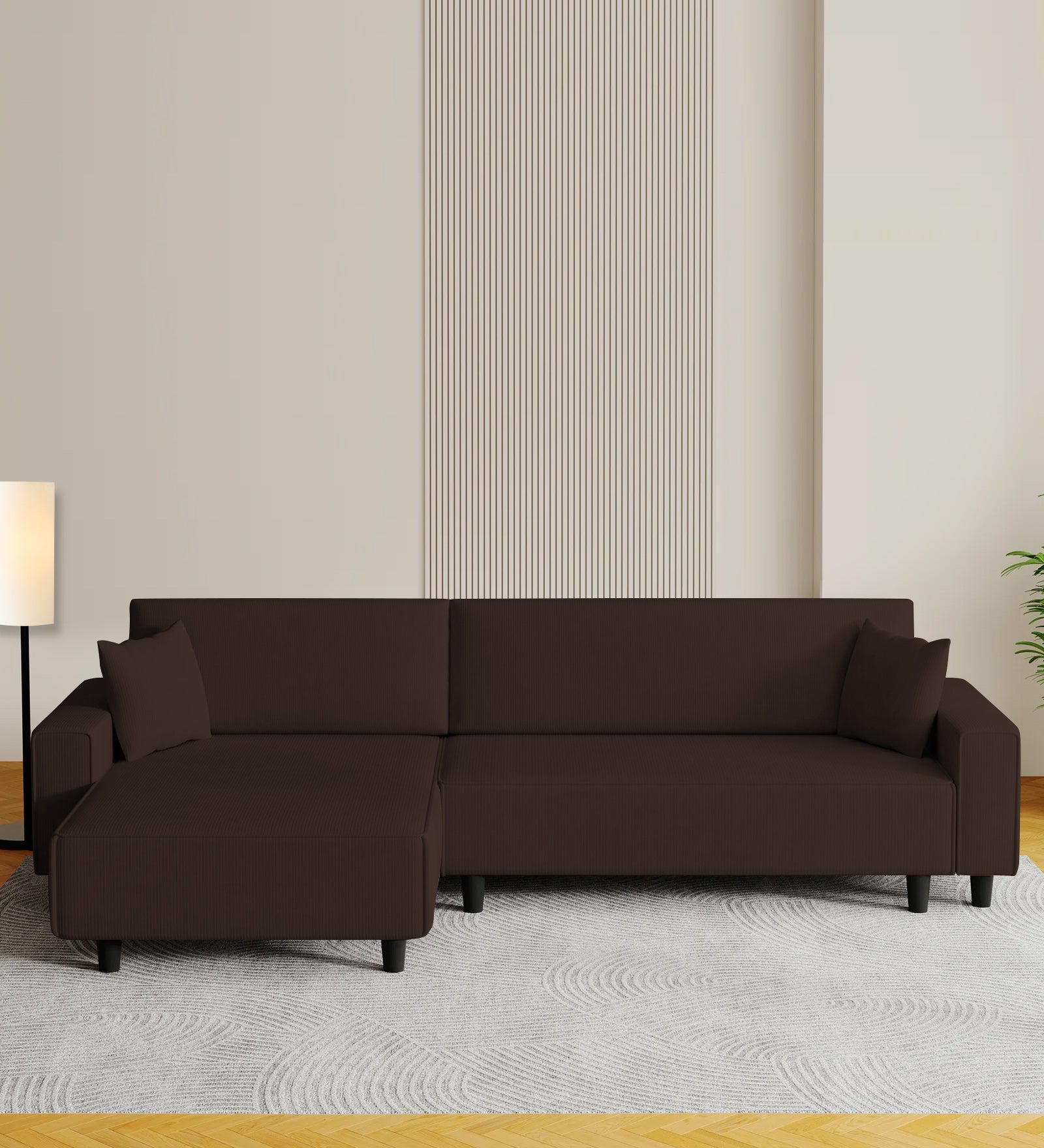 Peach Fabric RHS 6 Seater Sofa Cum Bed With Storage In Coffee Brown Colour - Febonic Living