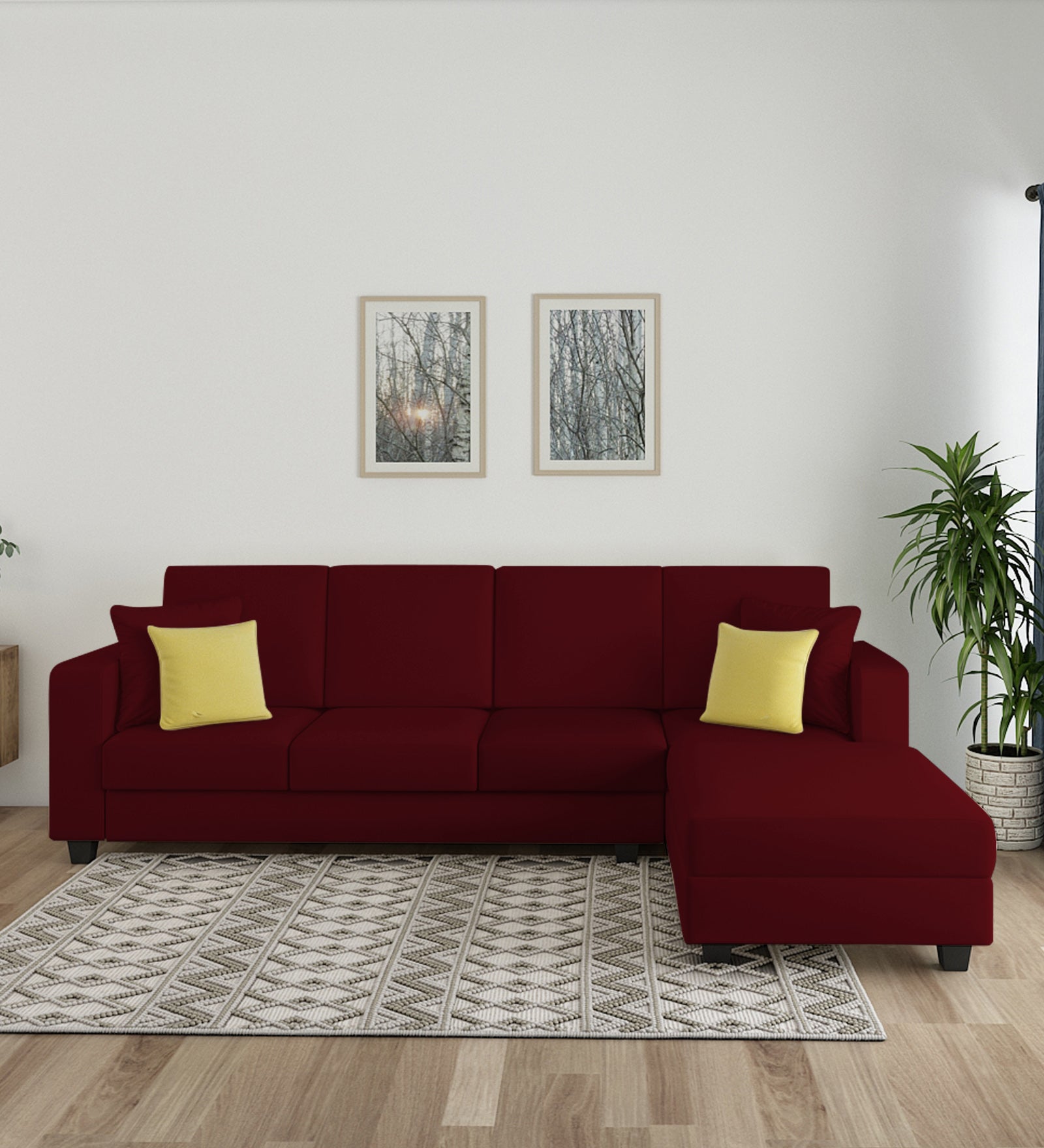 Nabi Fabric LHS Sectional Sofa (3+Lounger) In Ruby Red Colour - Febonic Living